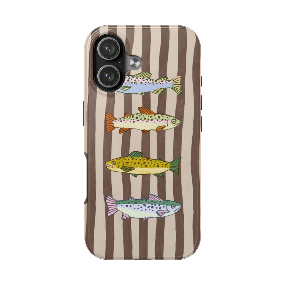 Brown striped phone case with colorful sardine graphic and camera cutouts