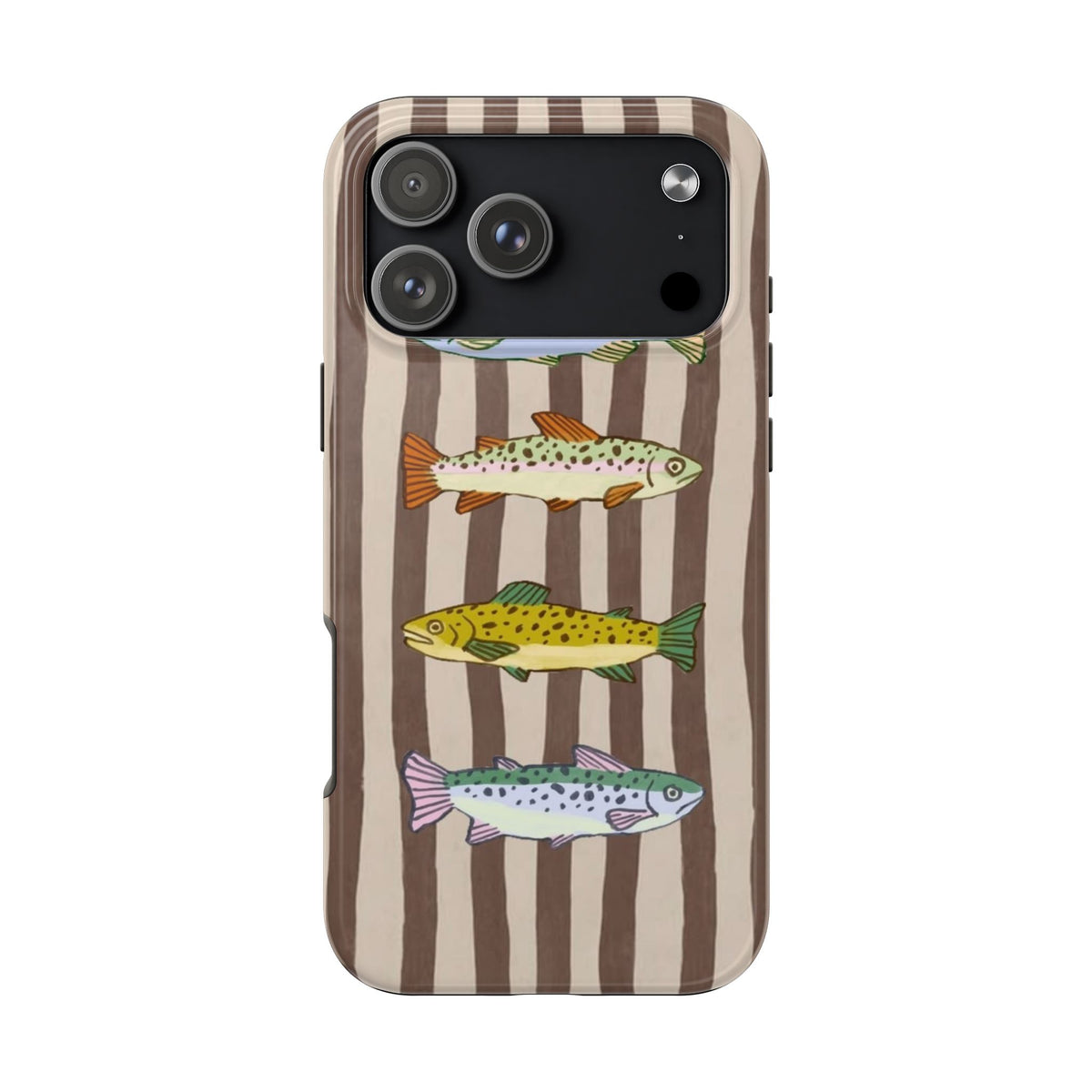 Brown striped phone case with sardine graphic and large camera cutouts