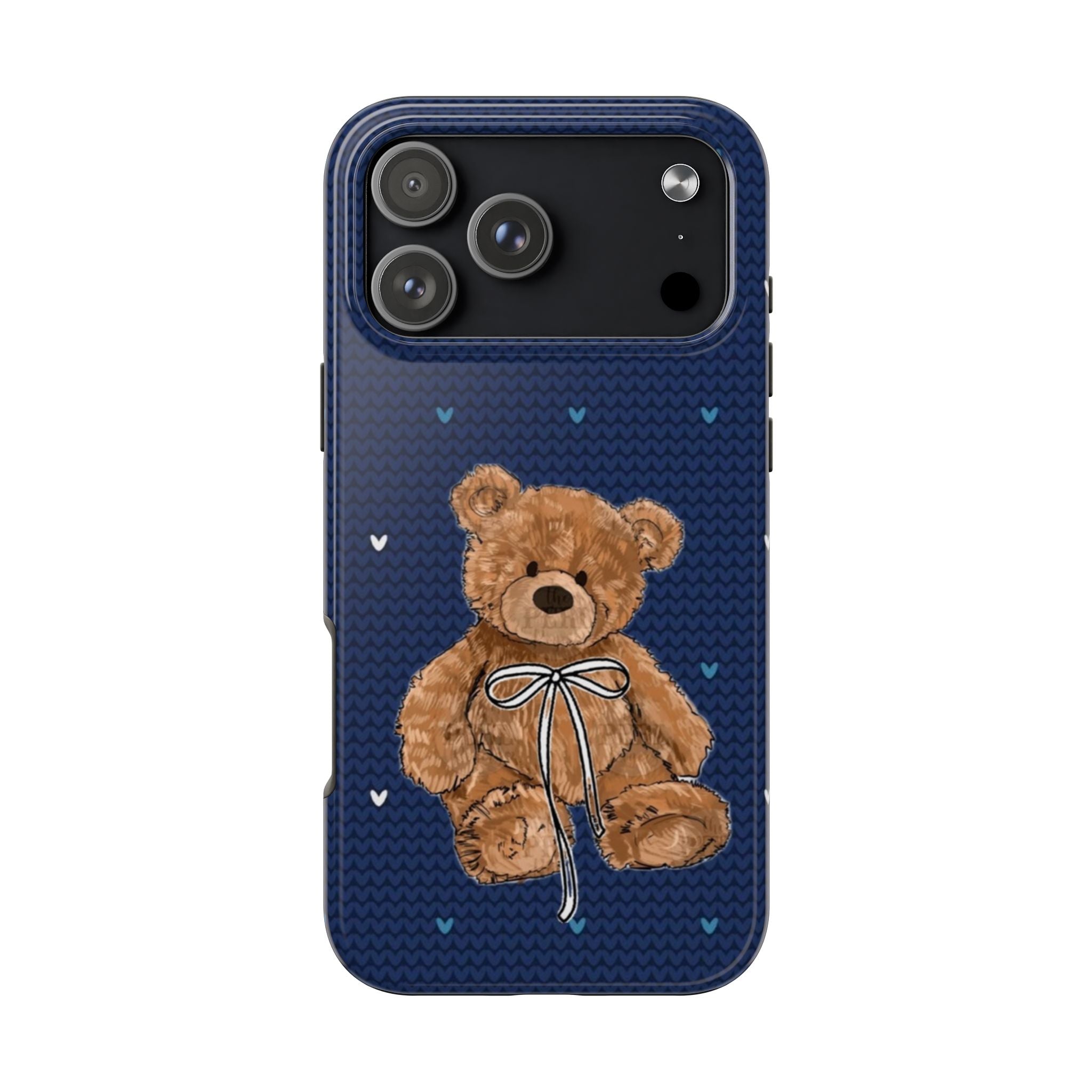NAVY BLUE KNIT HEARTS TEDDY BEAR BOW PHONE CASE
