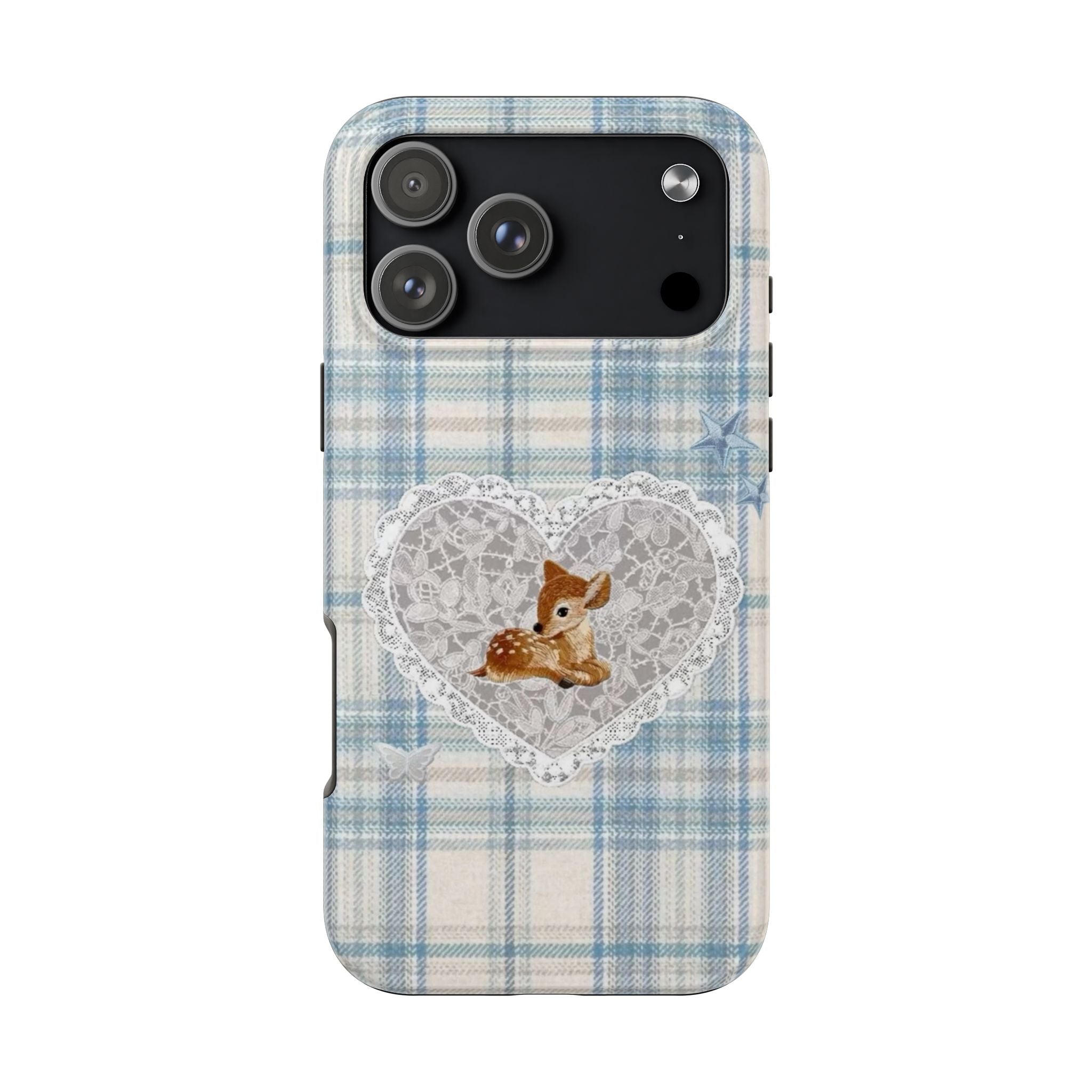 BLUE PLAID DEER LACE HEART COQUETTE PHONE CASE