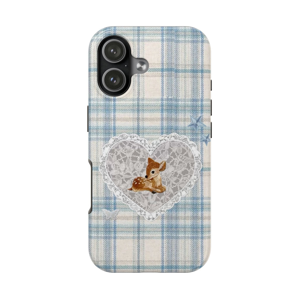 BLUE PLAID DEER LACE HEART COQUETTE PHONE CASE