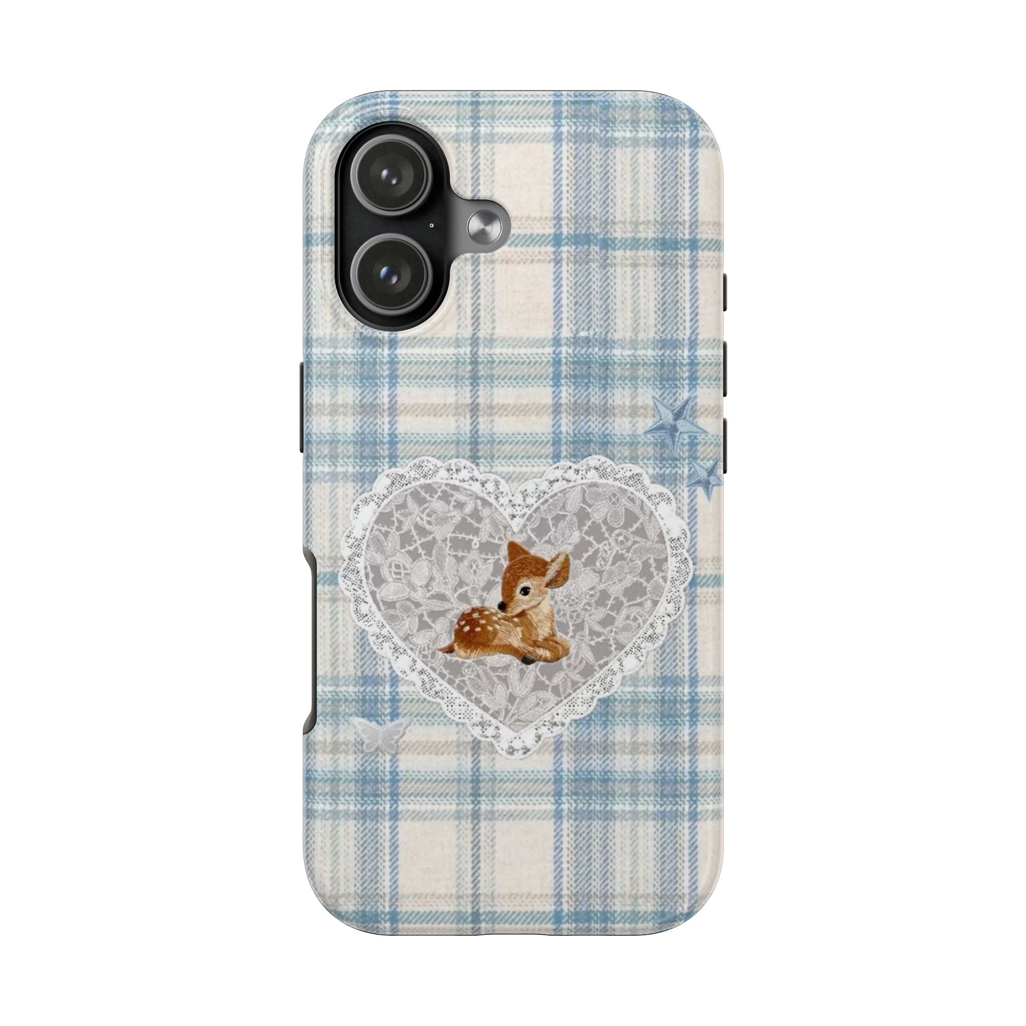 BLUE PLAID DEER LACE HEART COQUETTE PHONE CASE