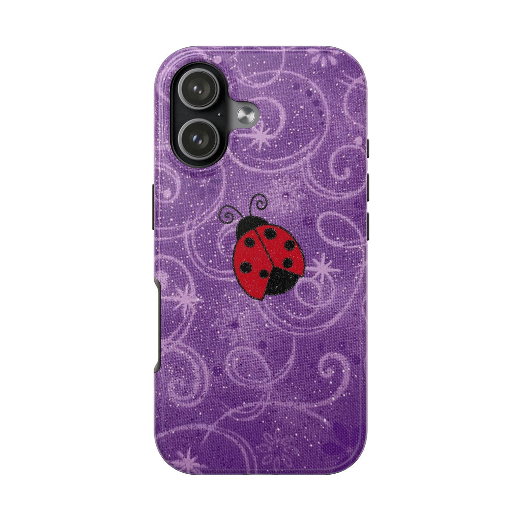 Purple glitter ladybug phone case with purple swirls, camera cutout and raised edges