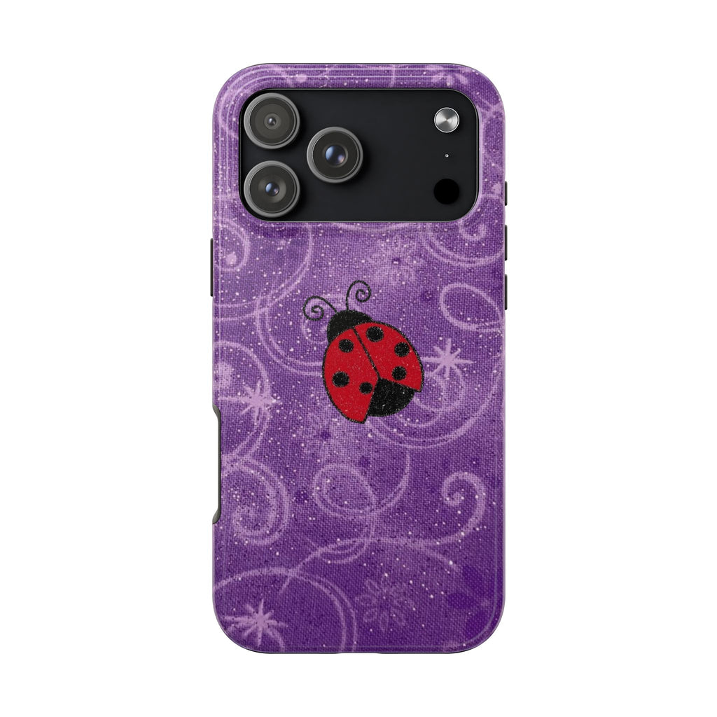 Purple glitter ladybug phone case, sparkly purple swirls, with camera and flash cutouts