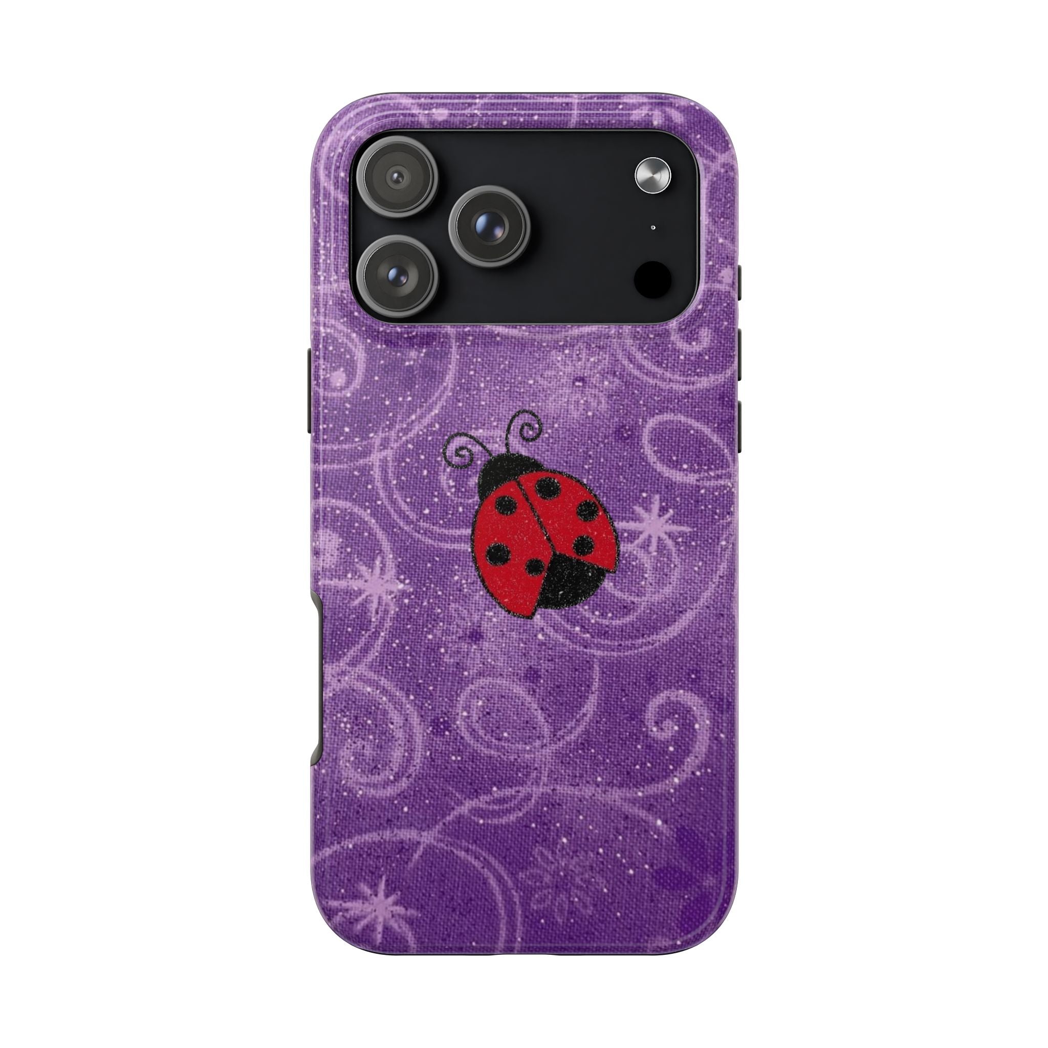 Purple glitter ladybug phone case, sparkly purple swirls, with camera and flash cutouts