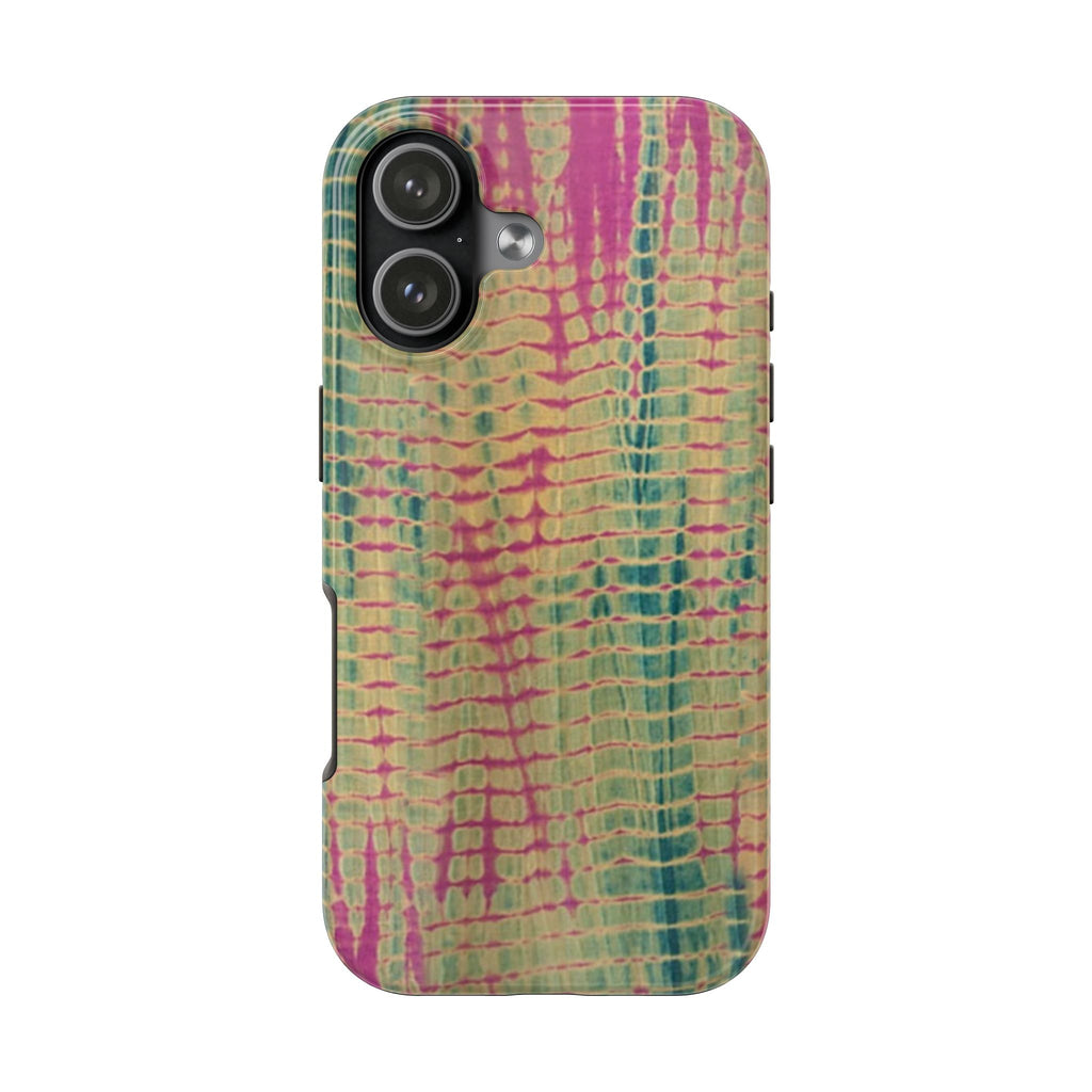 Phone case with green and magenta tie-dye pattern, camera cutouts