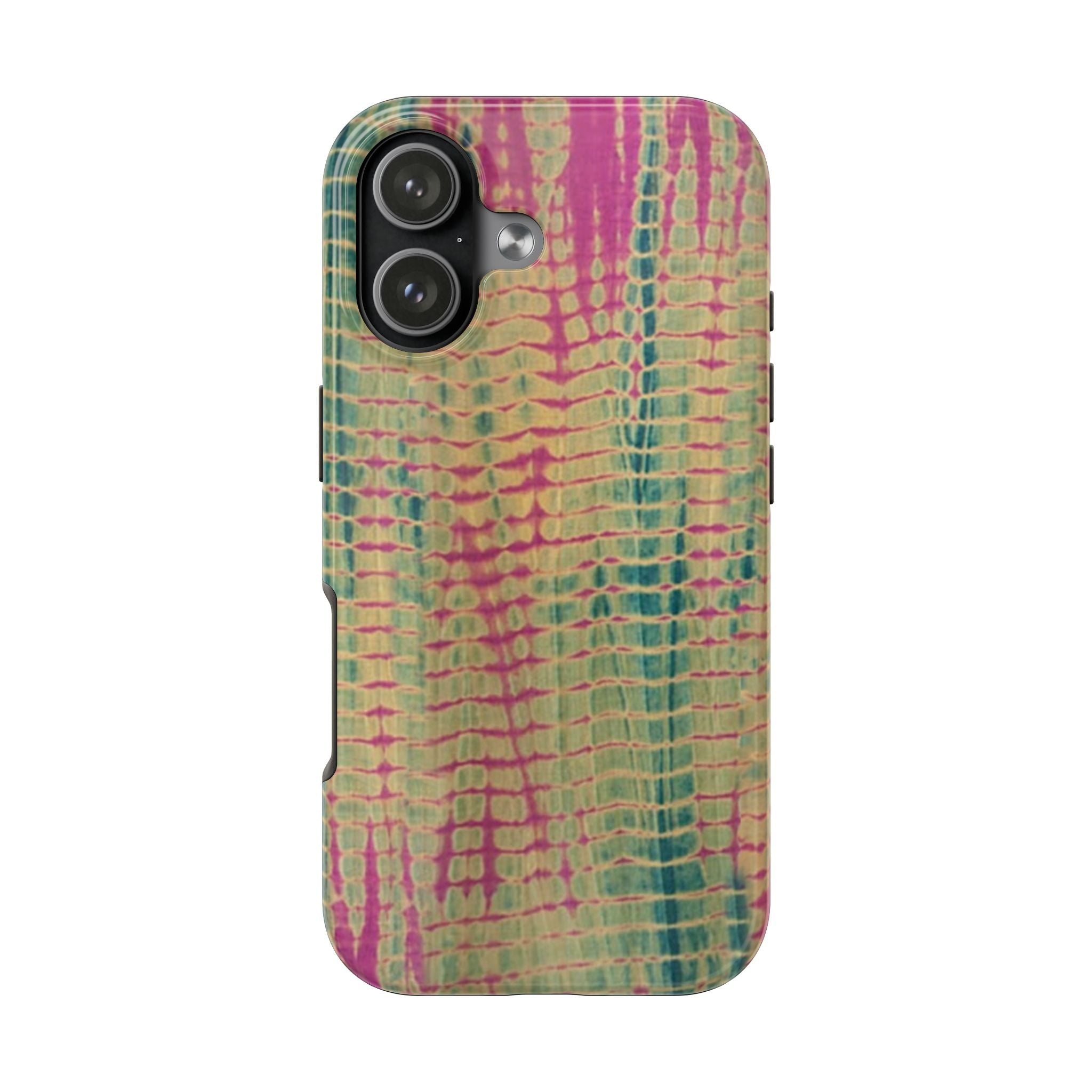 Phone case with green and magenta tie-dye pattern, camera cutouts