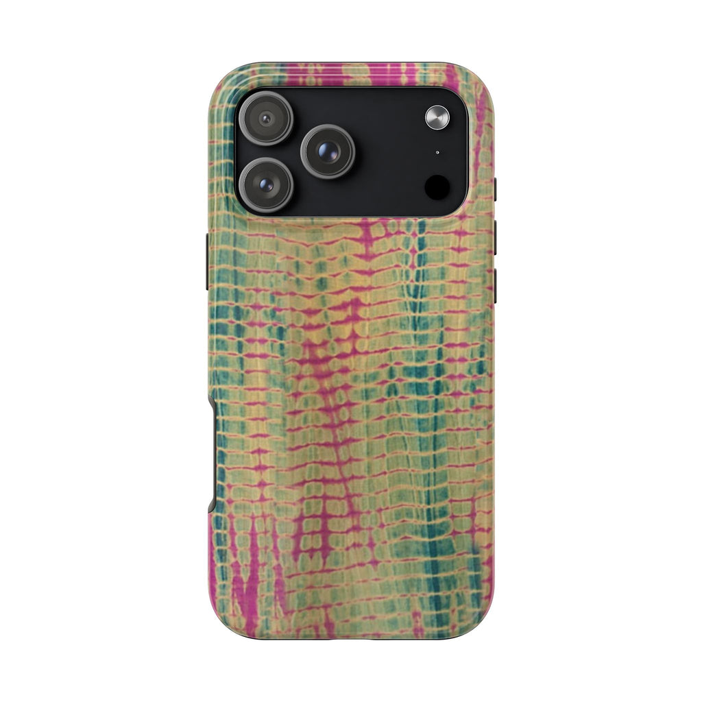 Phone case back in green and magenta tie-dye with raised camera edges