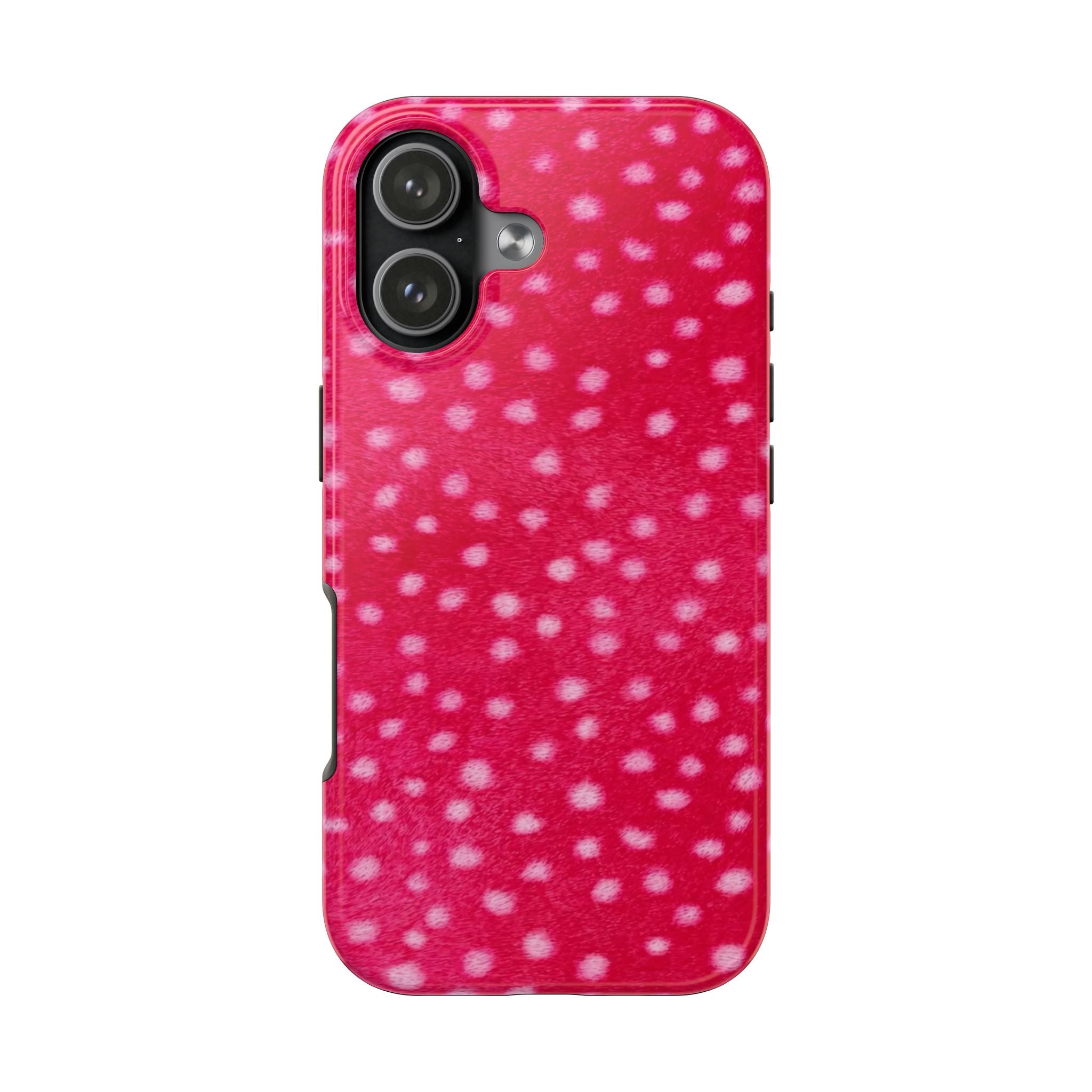 Pink phone case with white fawn spots pattern, raised camera cutouts