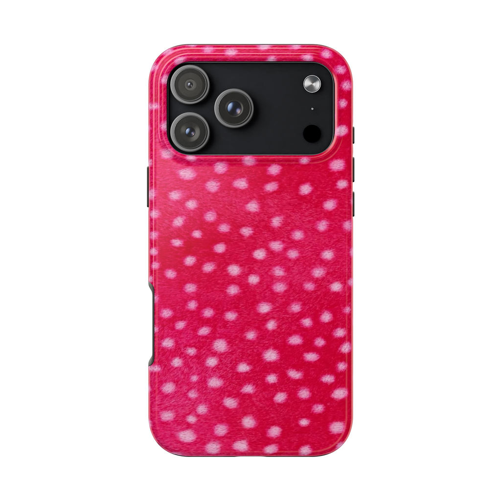 Pink phone case with white spot pattern and black camera cutout