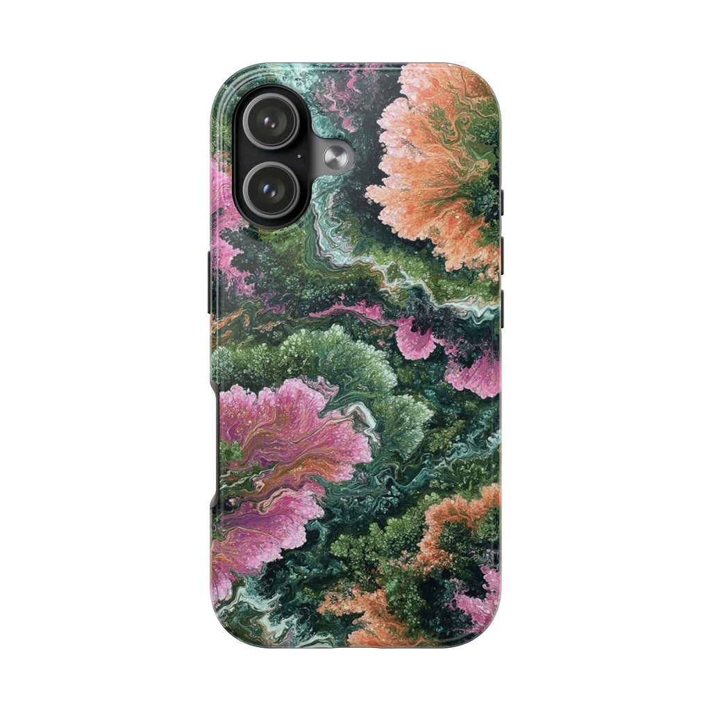 Emerald Minerals whimsical phone case with green, pink, purple, orange marbled pattern