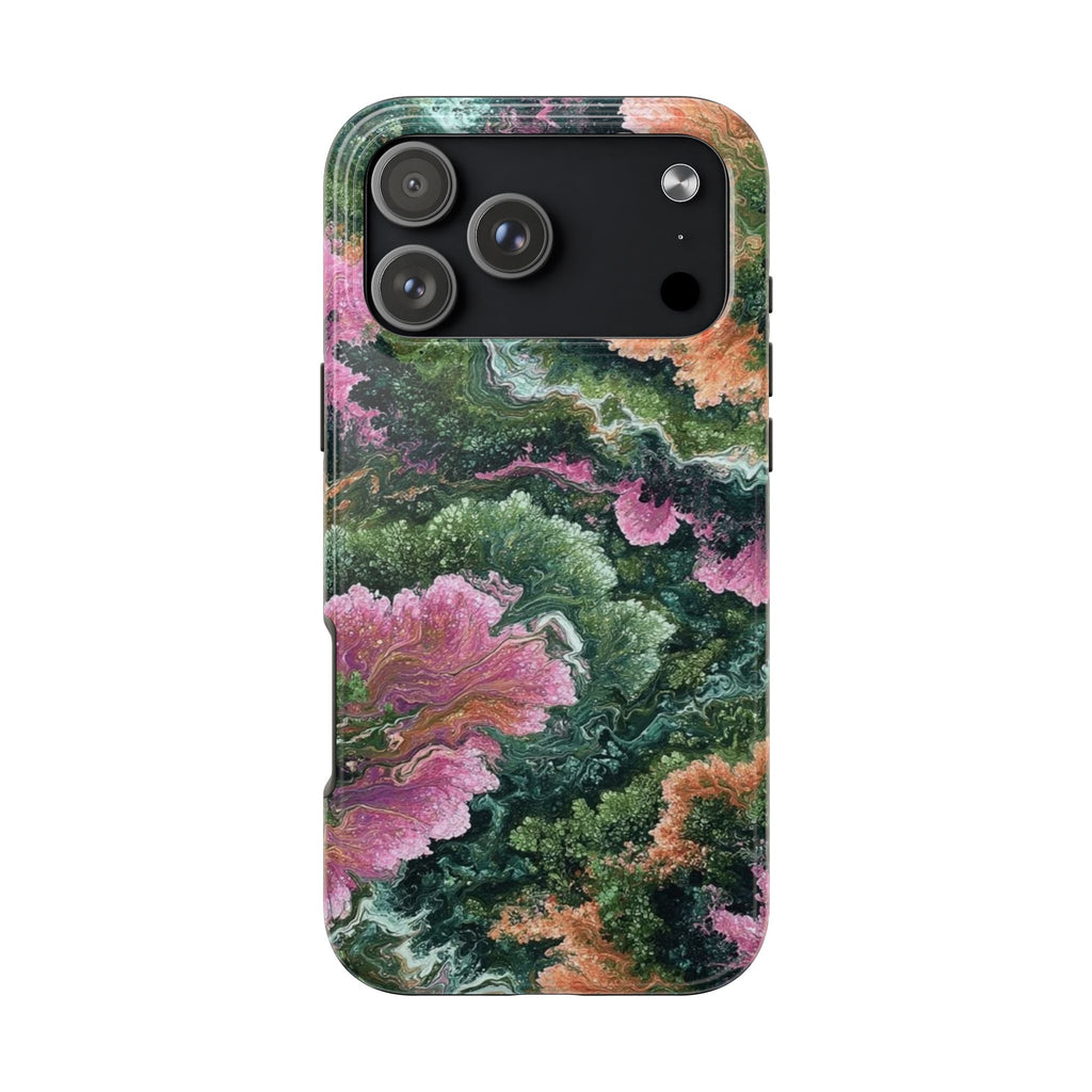 Emerald Minerals phone case with marbled green, magenta, purple and orange design