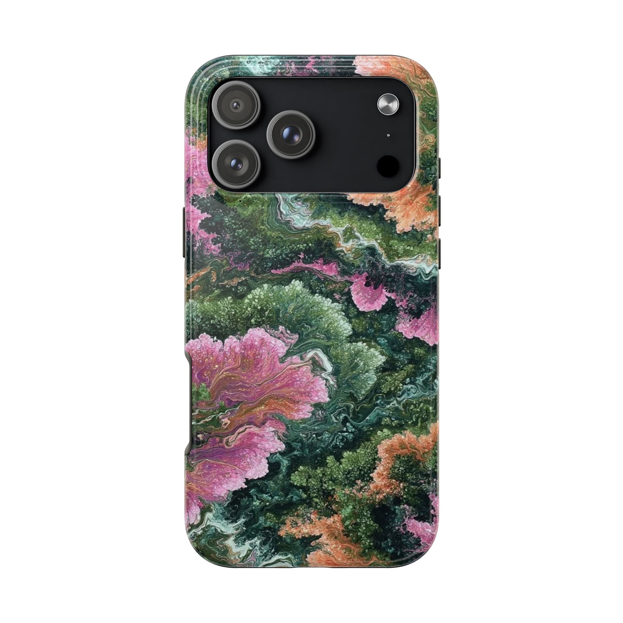 Emerald Minerals phone case with marbled green, magenta, purple and orange design