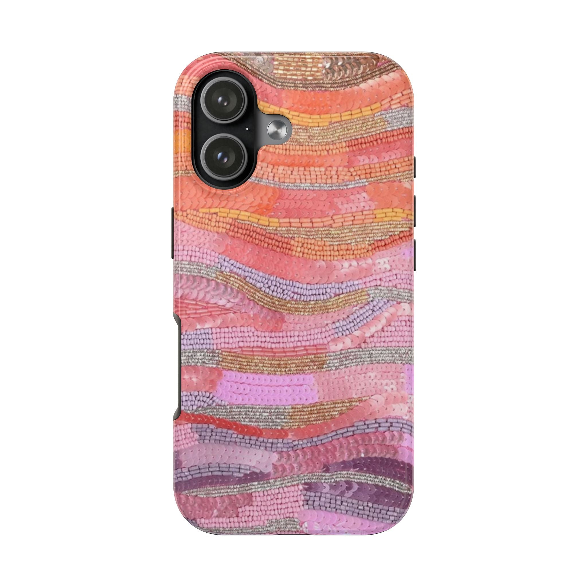 Embellished phone case with orange, pink, and purple wavy striped texture