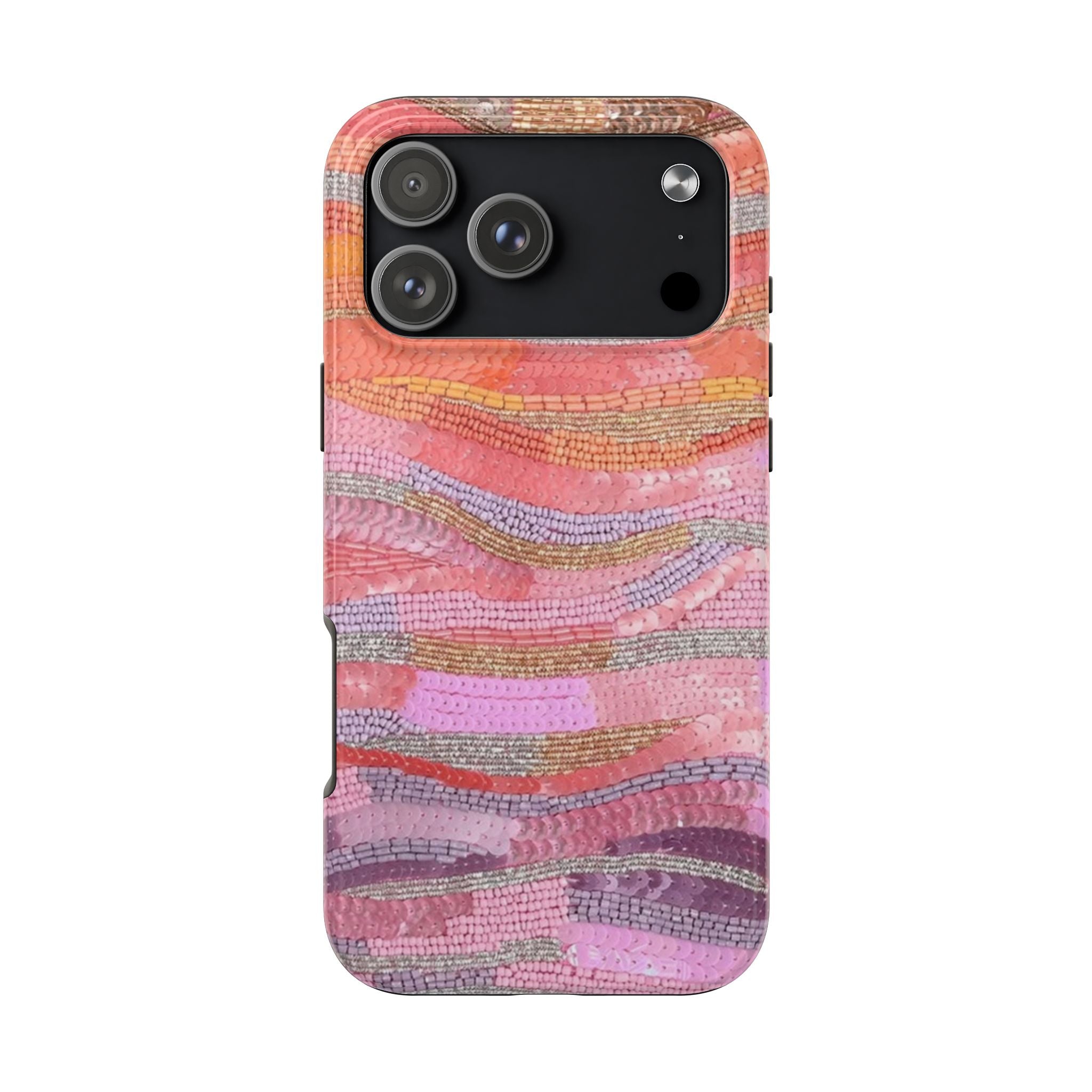 Phone case with wavy stripe pattern in orange, pink, and purple; camera cutouts