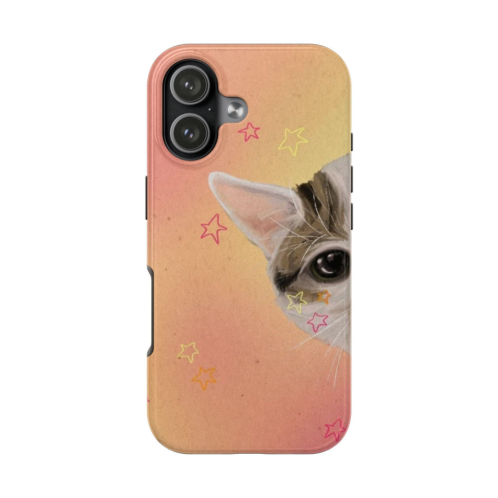 Orange cat phone case with peekaboo window, star accents, and camera cutouts