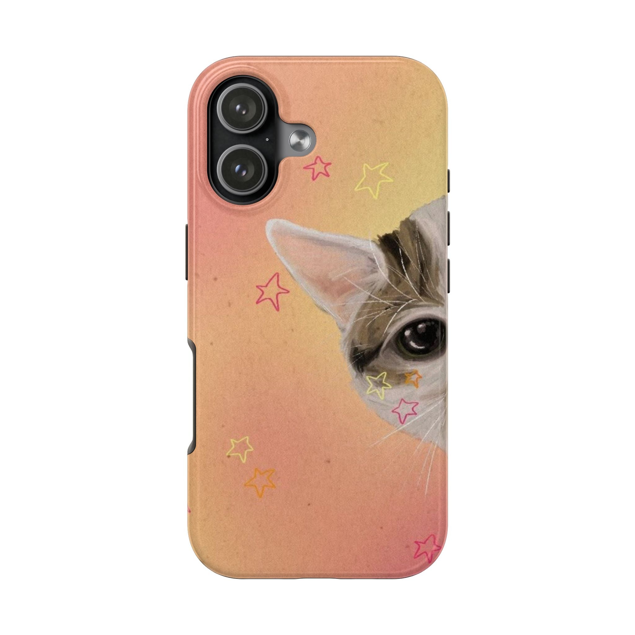Orange cat phone case with peekaboo window, star accents, and camera cutouts