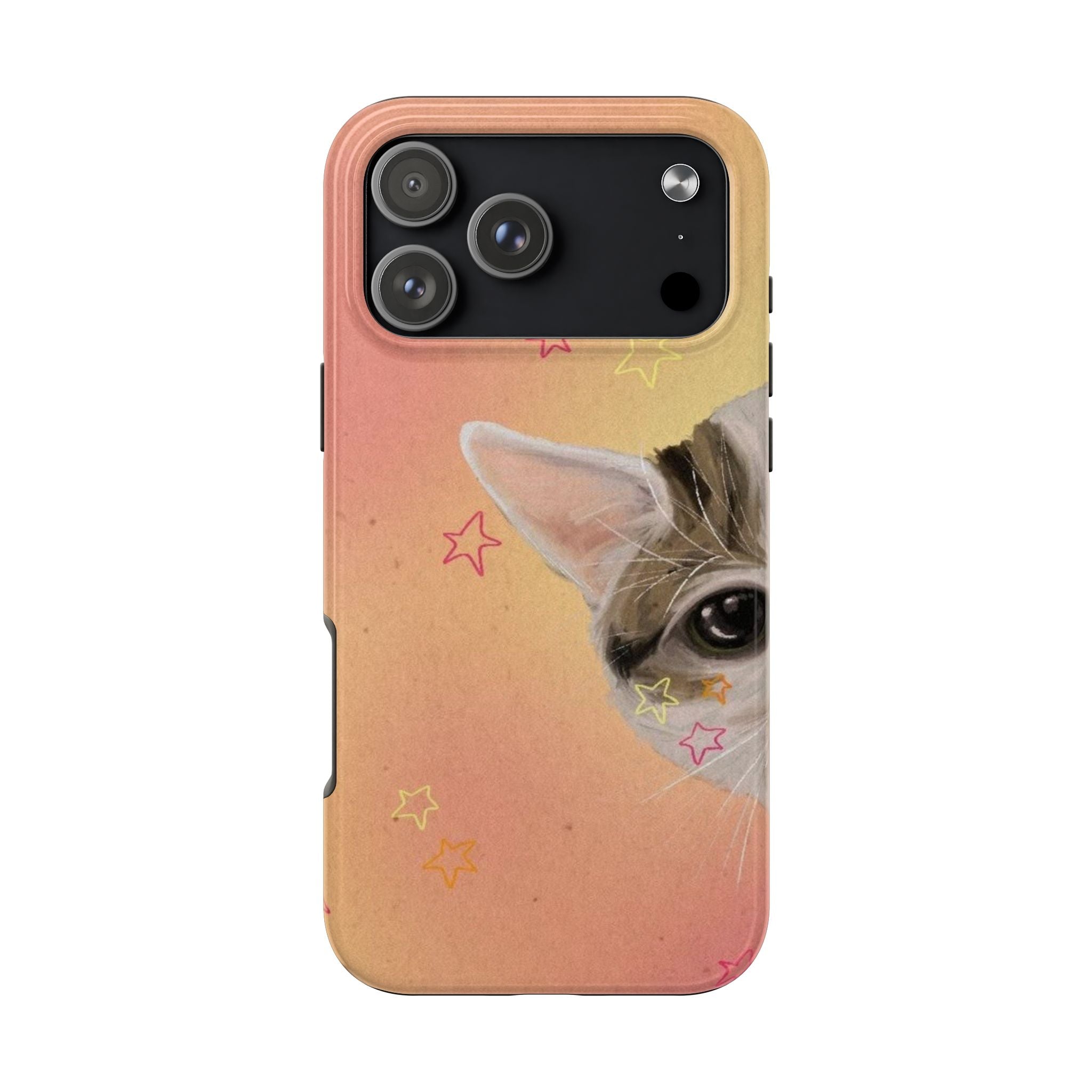 Orange peekaboo cat phone case with star accents and visible camera lens cutouts