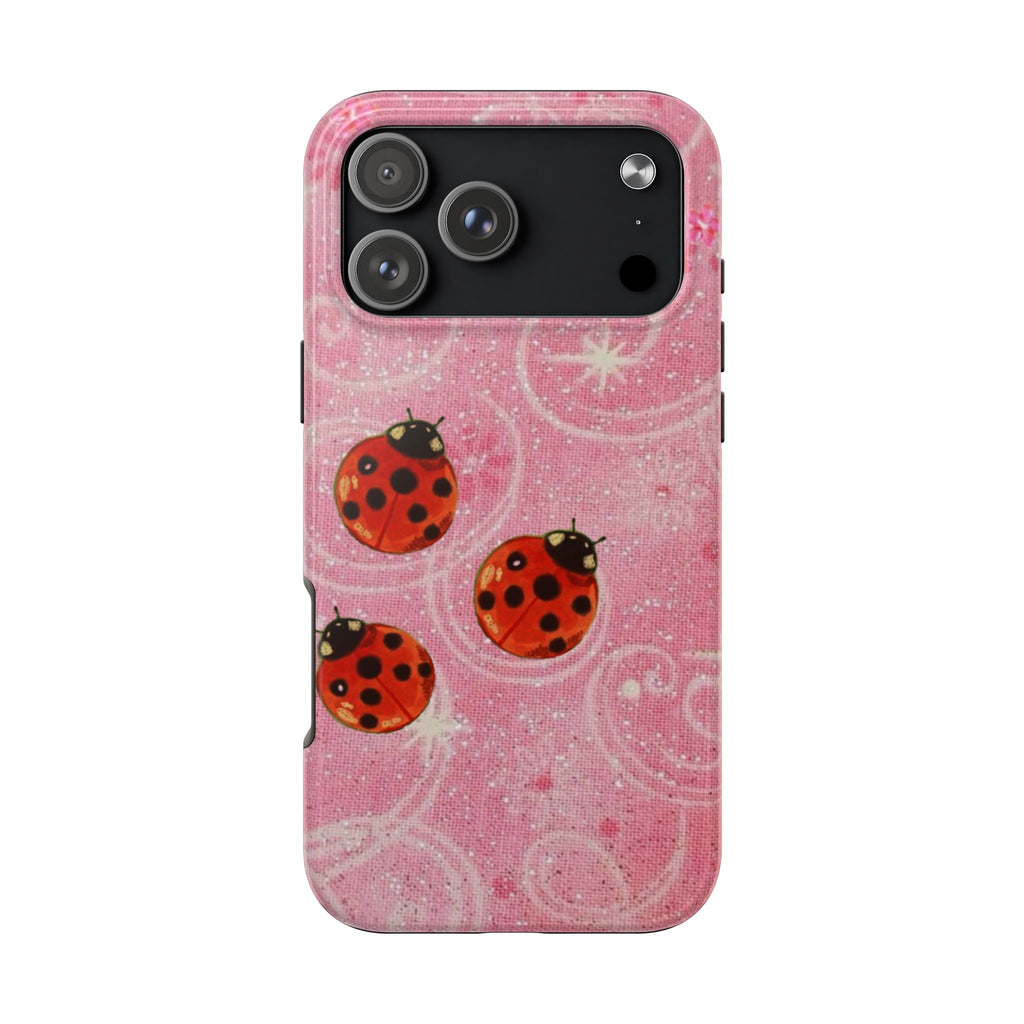 PINK WHIMSY GLITTER LADYBUGS PHONE CASE