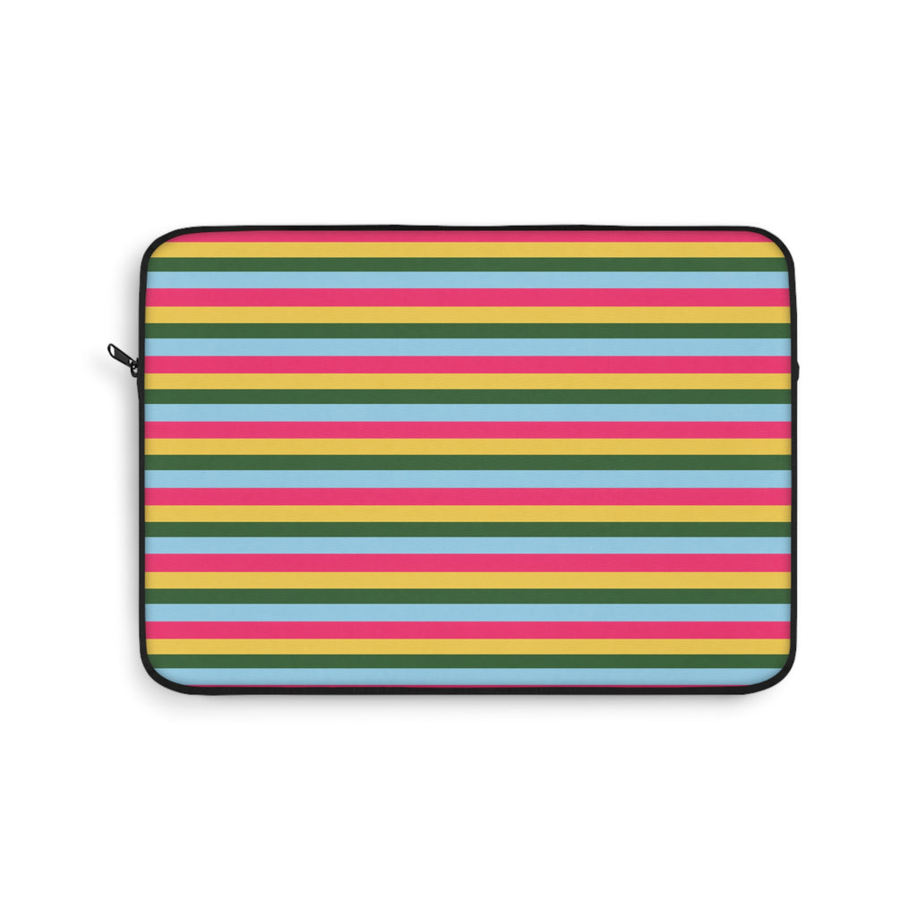 Rectangular zippered device sleeve with horizontal multicolor stripes and black edging