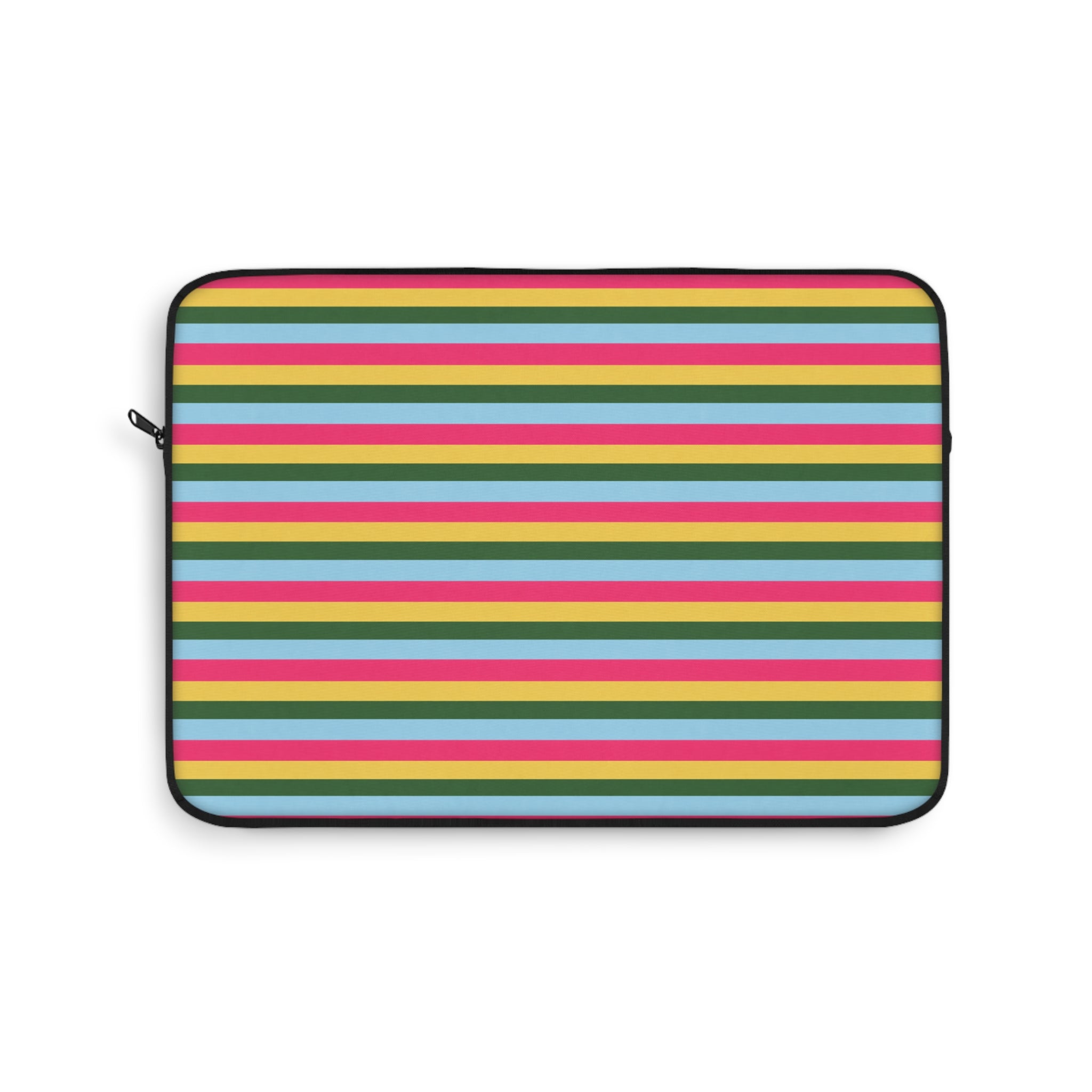 Rectangular zippered device sleeve with horizontal multicolor stripes and black edging