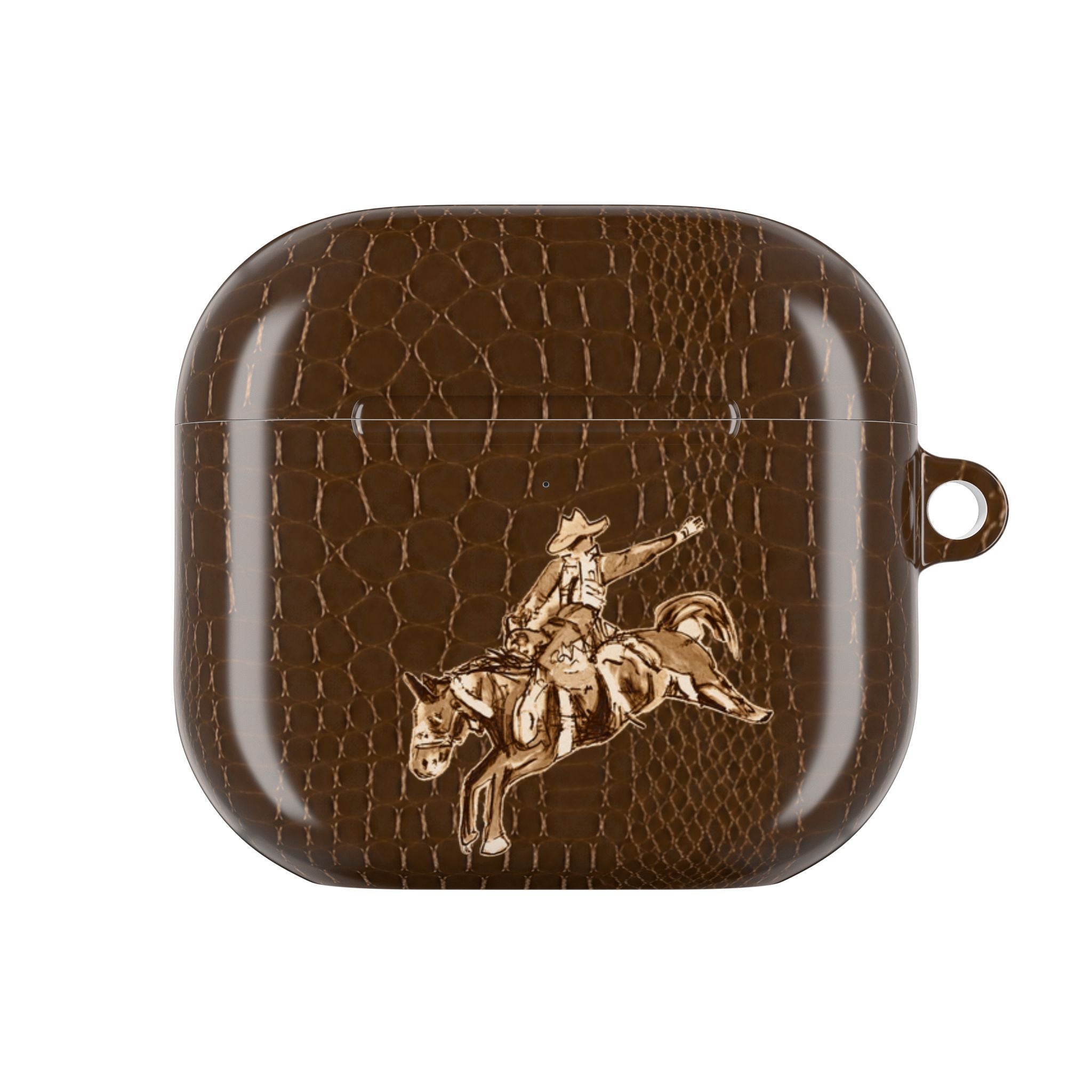 Brown croc-texture AirPod case with gold-tone cowboy on horseback graphic.