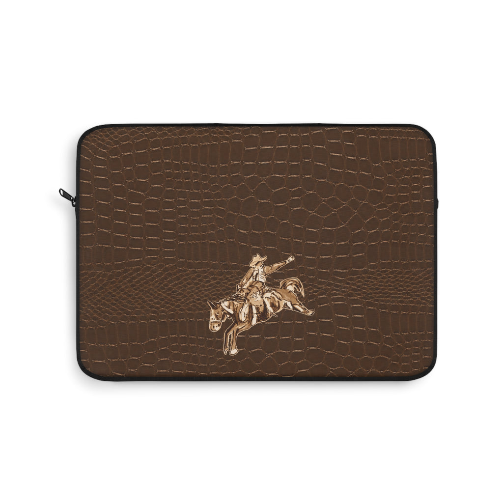 Brown croc-pattern western cowboy laptop sleeve with zipper and embossed rider emblem