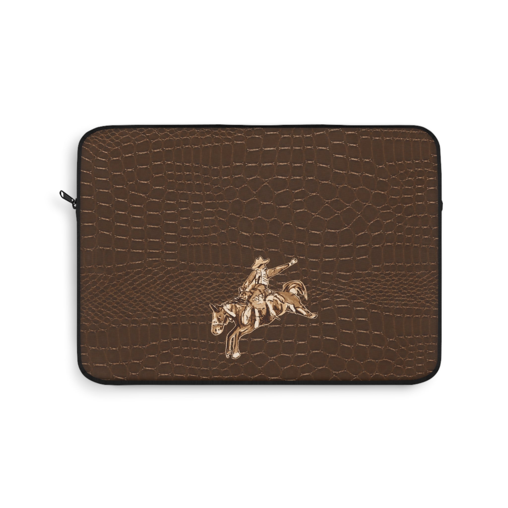 Brown croc-pattern western cowboy laptop sleeve with zipper and embossed rider emblem