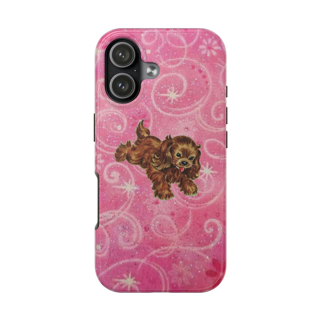 Pink puppy phone case with brown dog graphic and swirl snowflake pattern