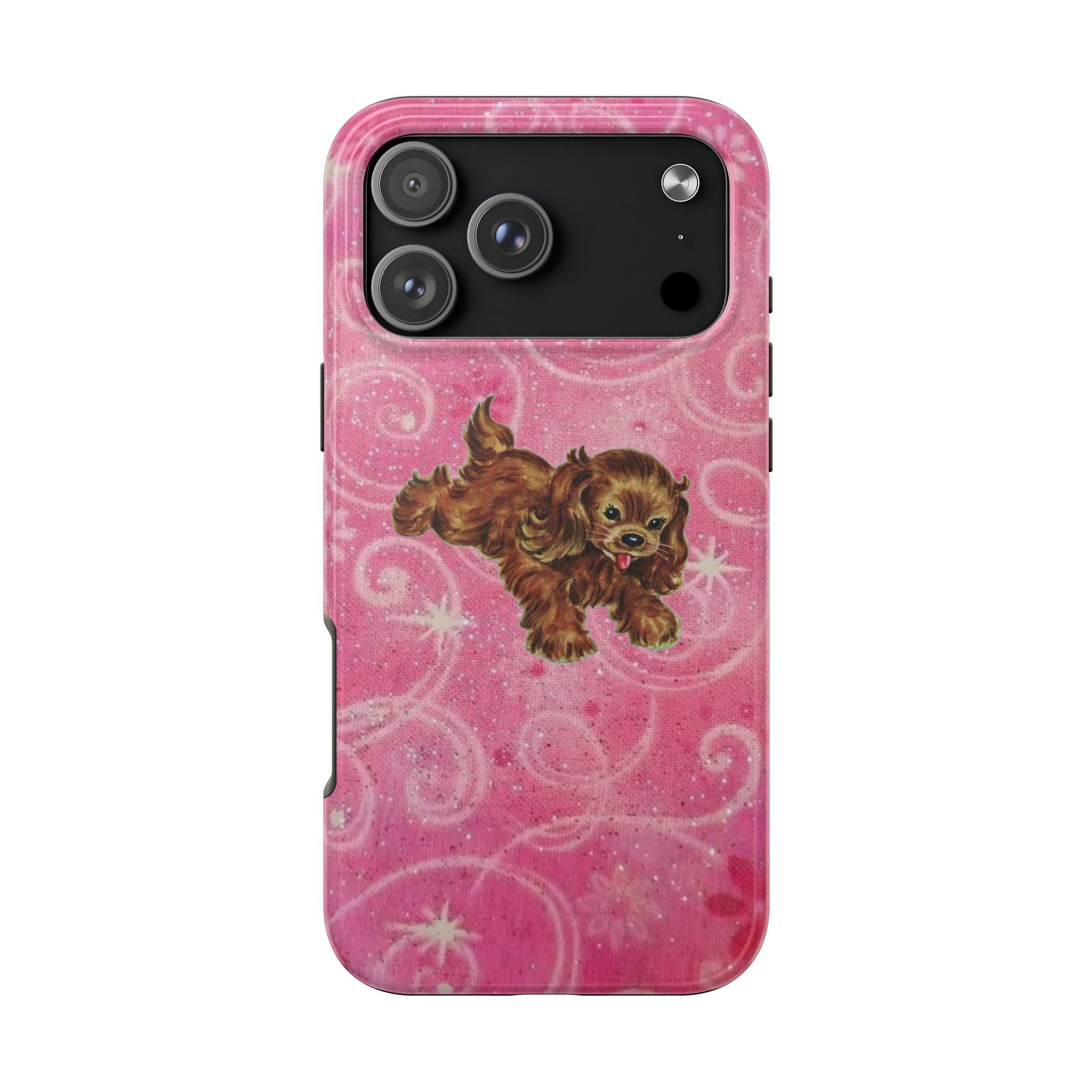 Pink puppy phone case with brown dog graphic and multi-camera cutouts