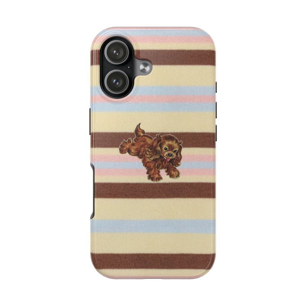 Puppy phone case with pastel and brown horizontal stripes, dog graphic and camera cutouts