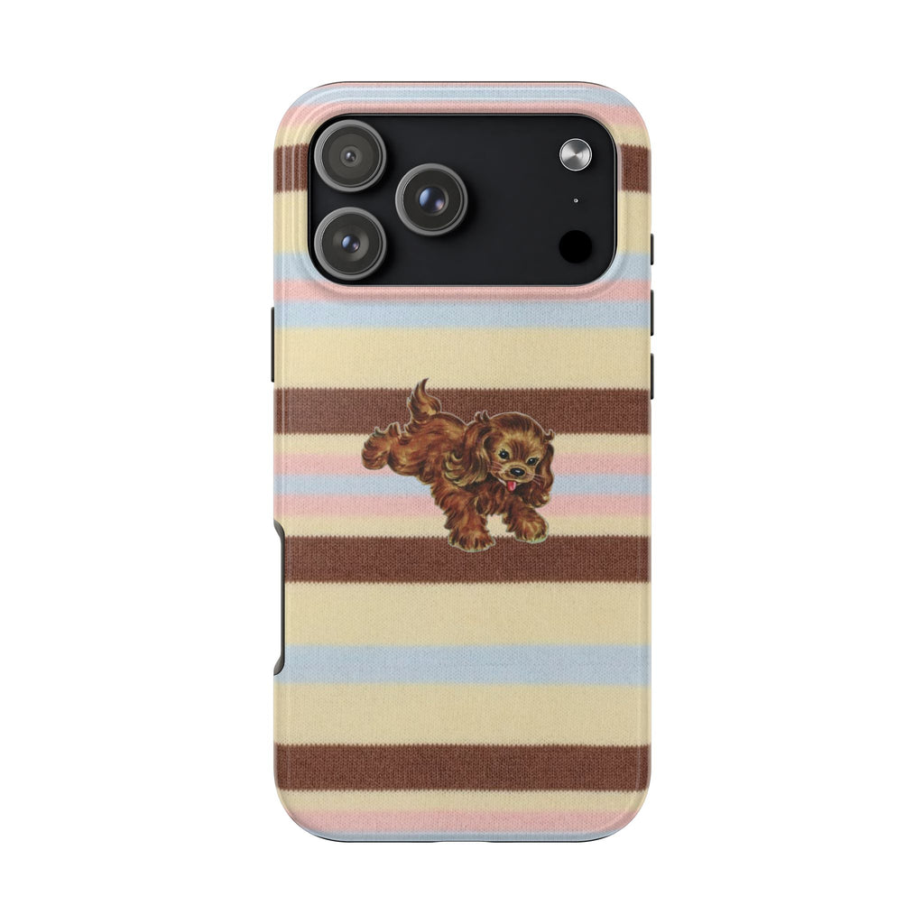 Puppy phone case with pastel and brown striped design and centered dog illustration, camera cutouts