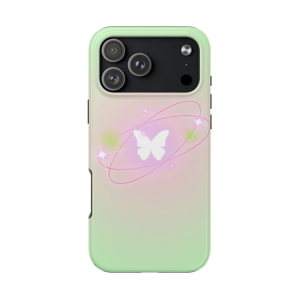 Mint green phone case with butterfly aura design and camera cutouts