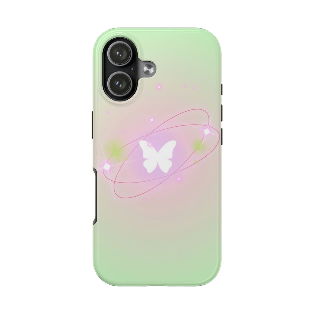 Mint and pastel gradient phone case with pink butterfly aura and camera cutouts