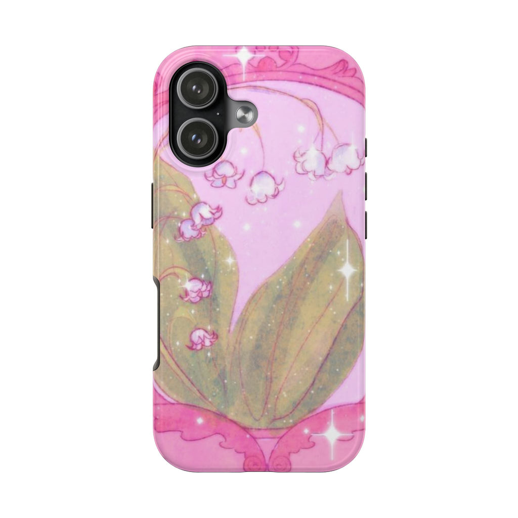 Pink fairy tale phone case with unicorn floral graphic and glitter sparkles, raised camera cutouts
