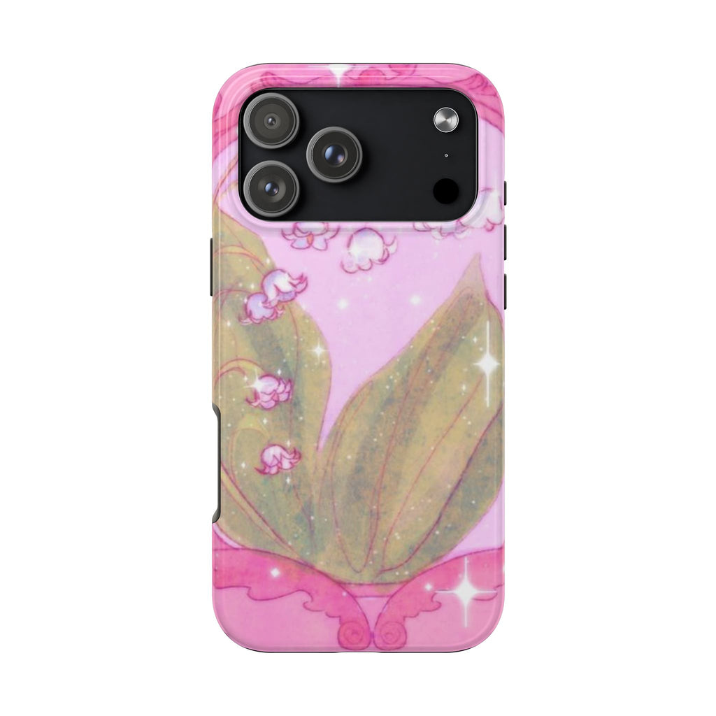 Pink fairy tale phone case with unicorn floral graphic, sparkle accents, camera cutouts