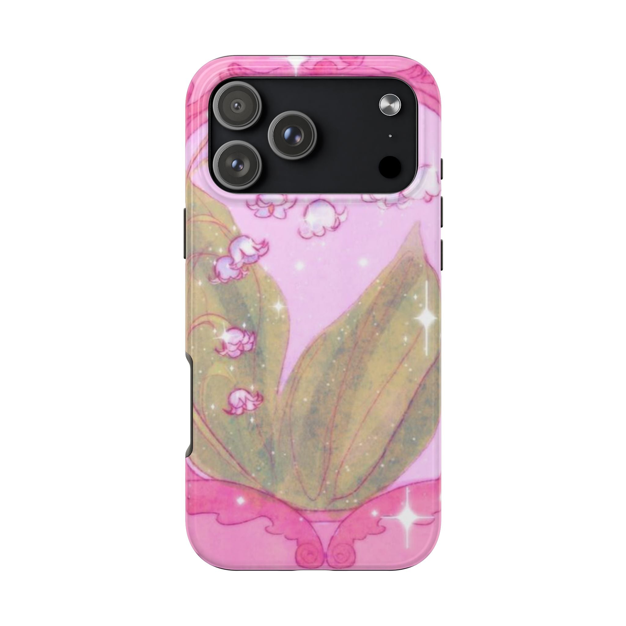 Pink fairy tale phone case with unicorn floral graphic, sparkle accents, camera cutouts