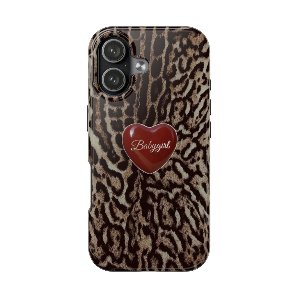 Leopard print phone case with heart Babygirl logo and camera cutouts