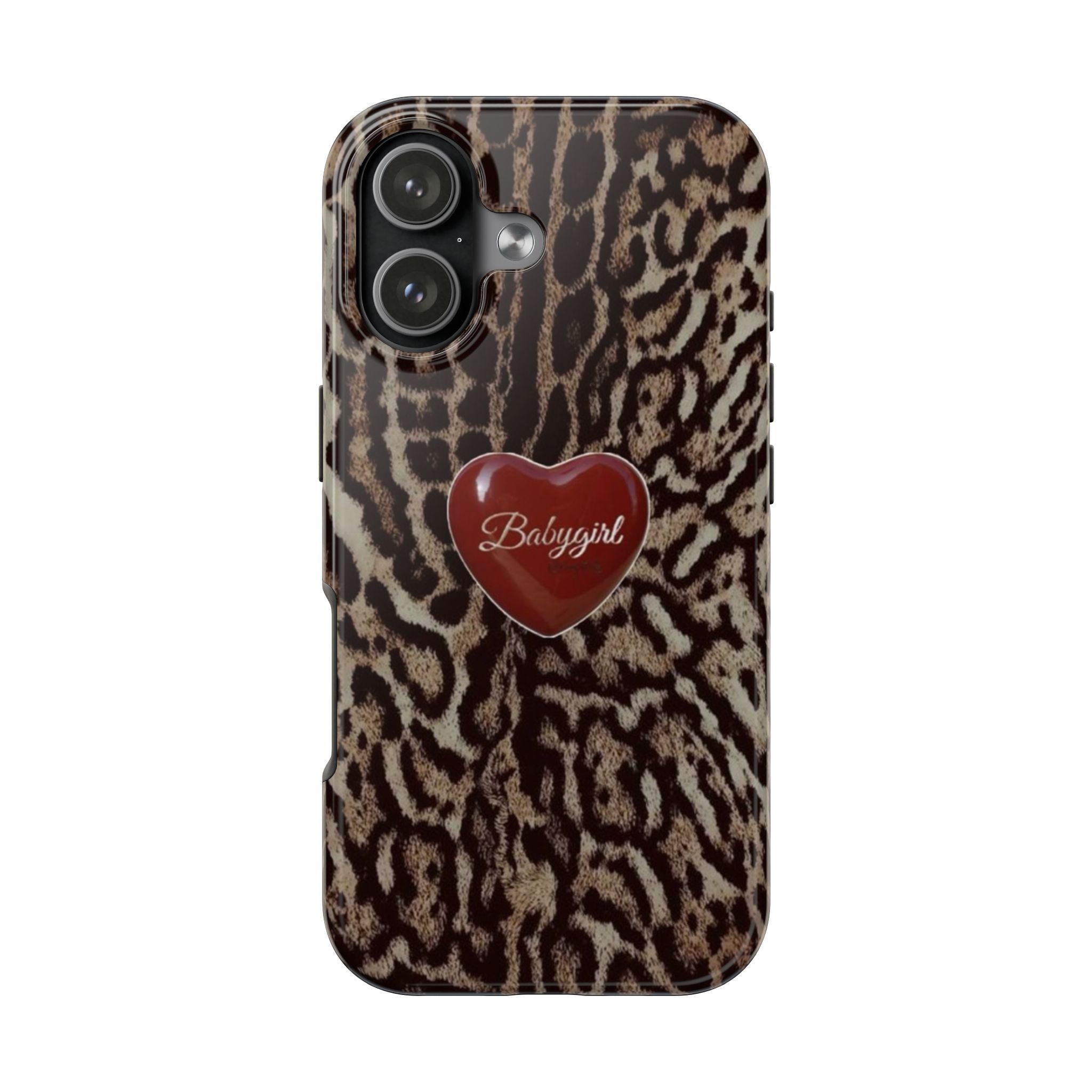 Leopard print phone case with heart Babygirl logo and camera cutouts