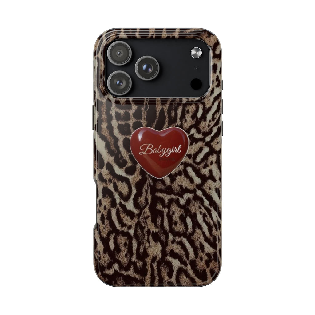 Leopard print phone case with heart Babygirl logo and dual camera cutouts