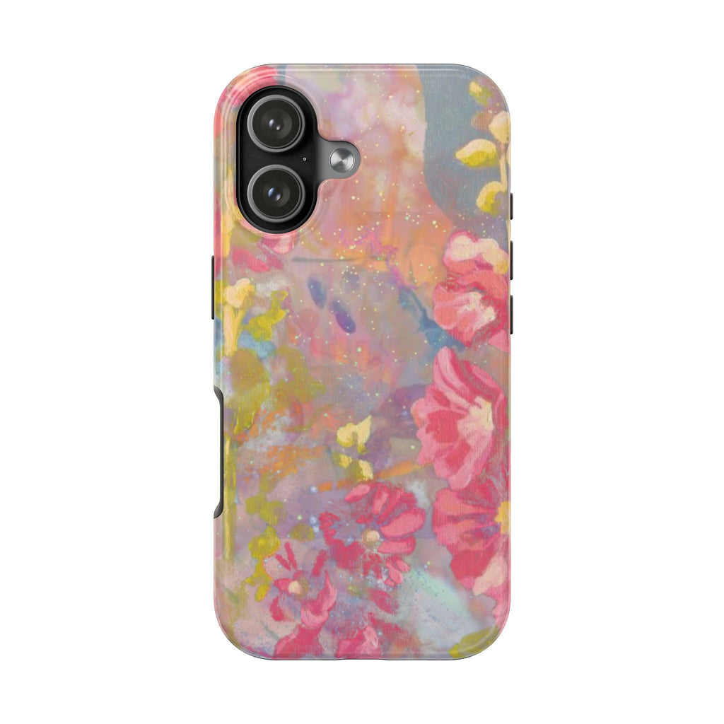 Pink prism floral phone case with dual-camera cutouts and side button openings