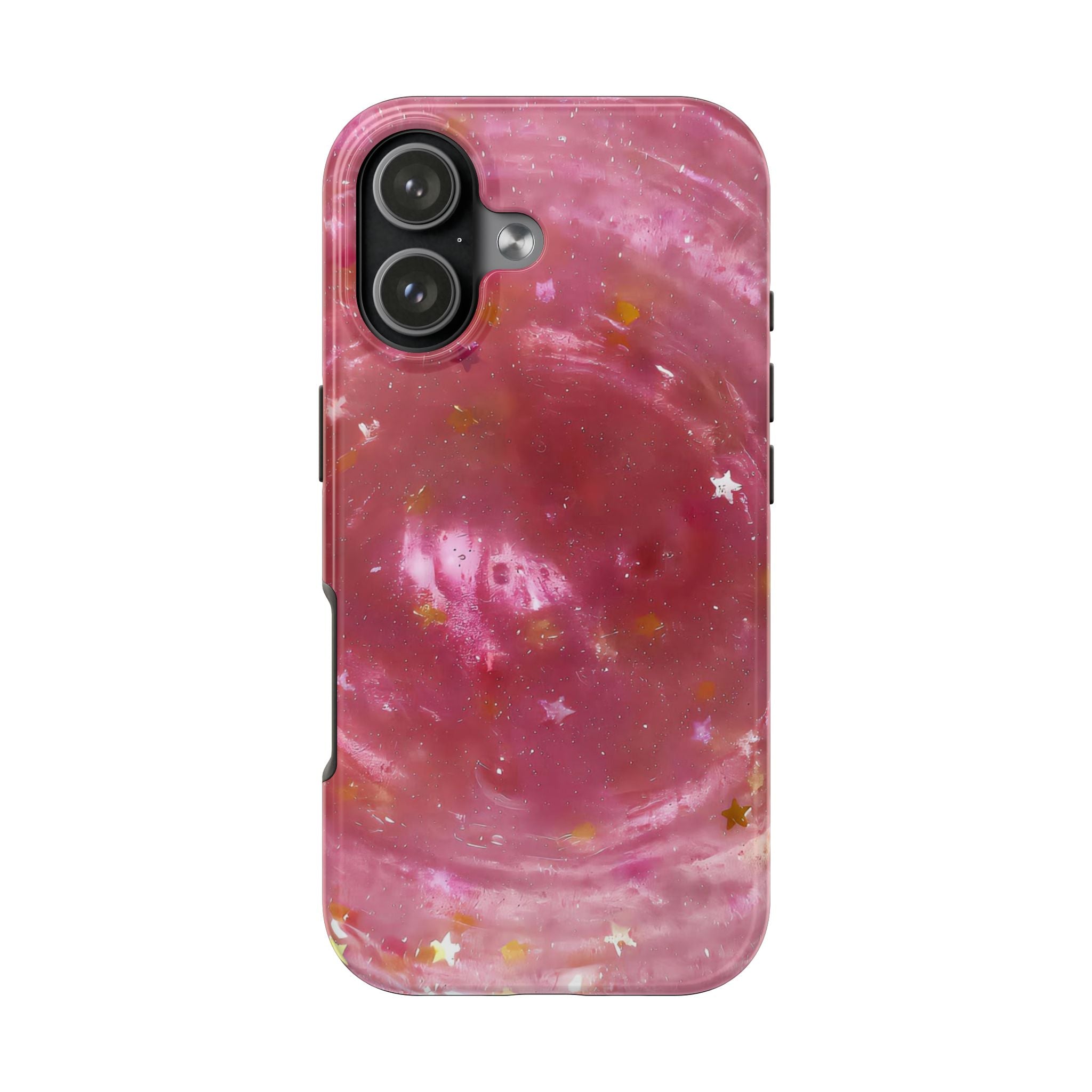 Pink galaxy phone case with star speckles and camera cutouts, glossy finish