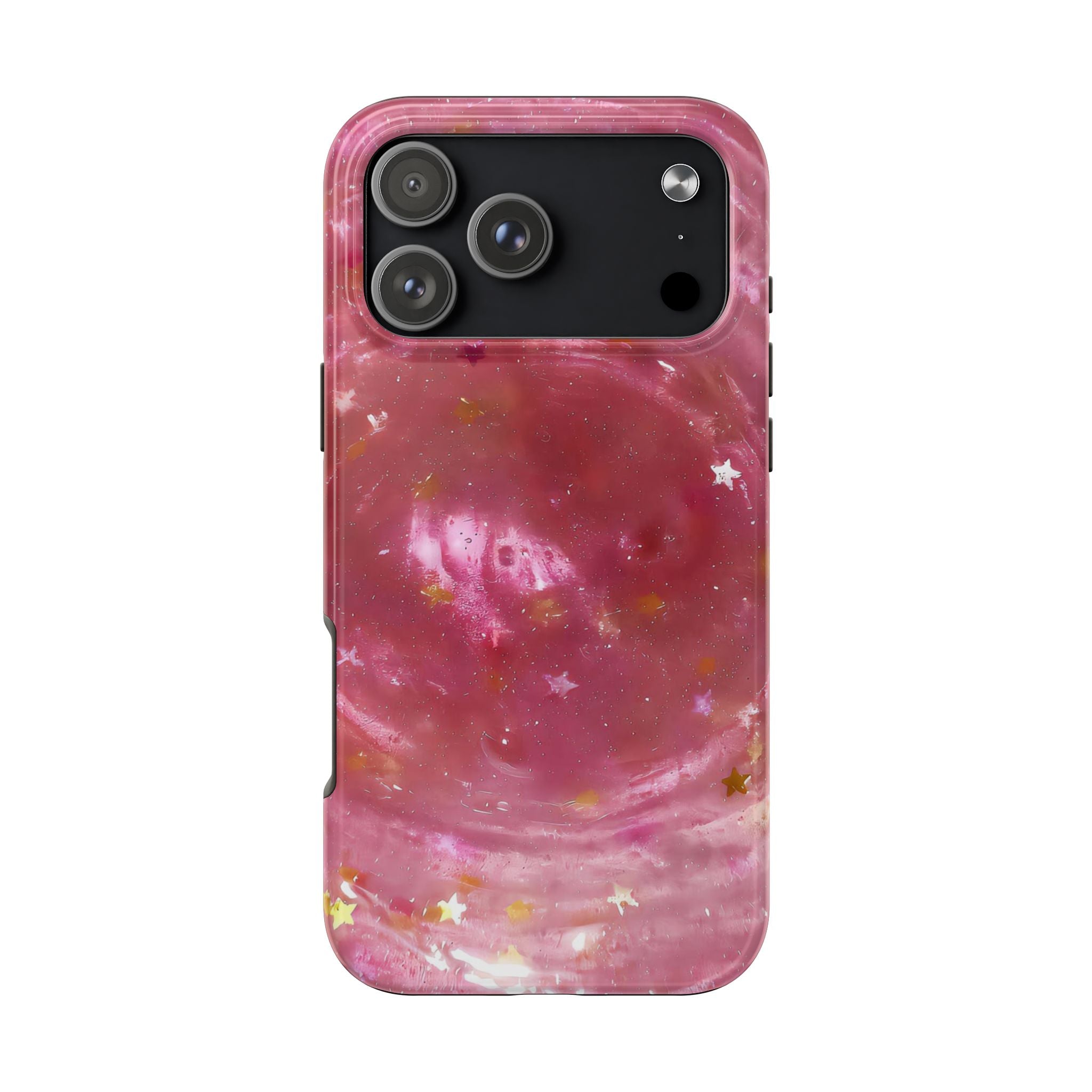 Pink galaxy phone case with starry pattern and rear camera/flash cutouts