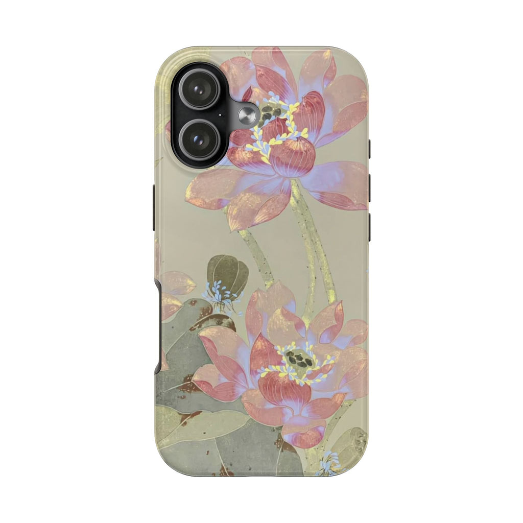 Orchid floral phone case with green and pink flowers, transparent back, camera cutouts