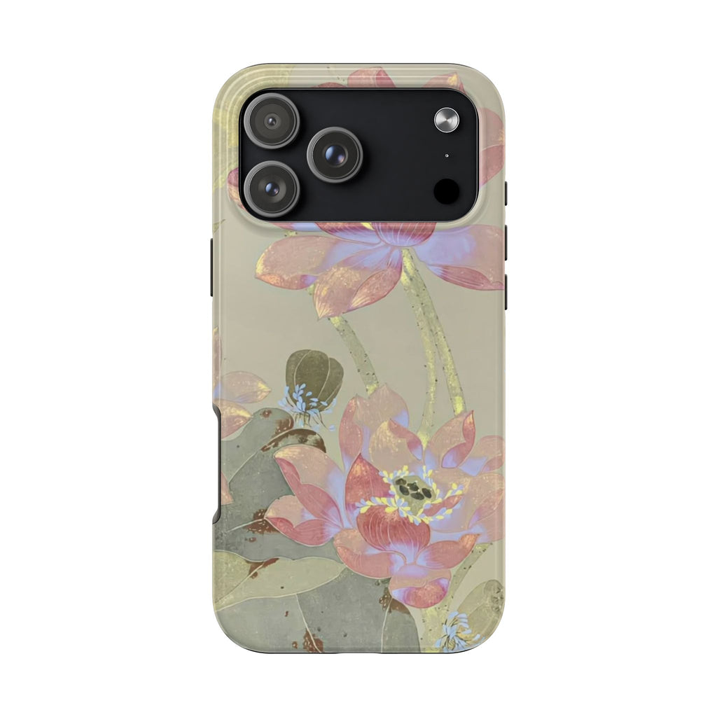 Orchid floral phone case with green leaves and pink orchids on a transparent back