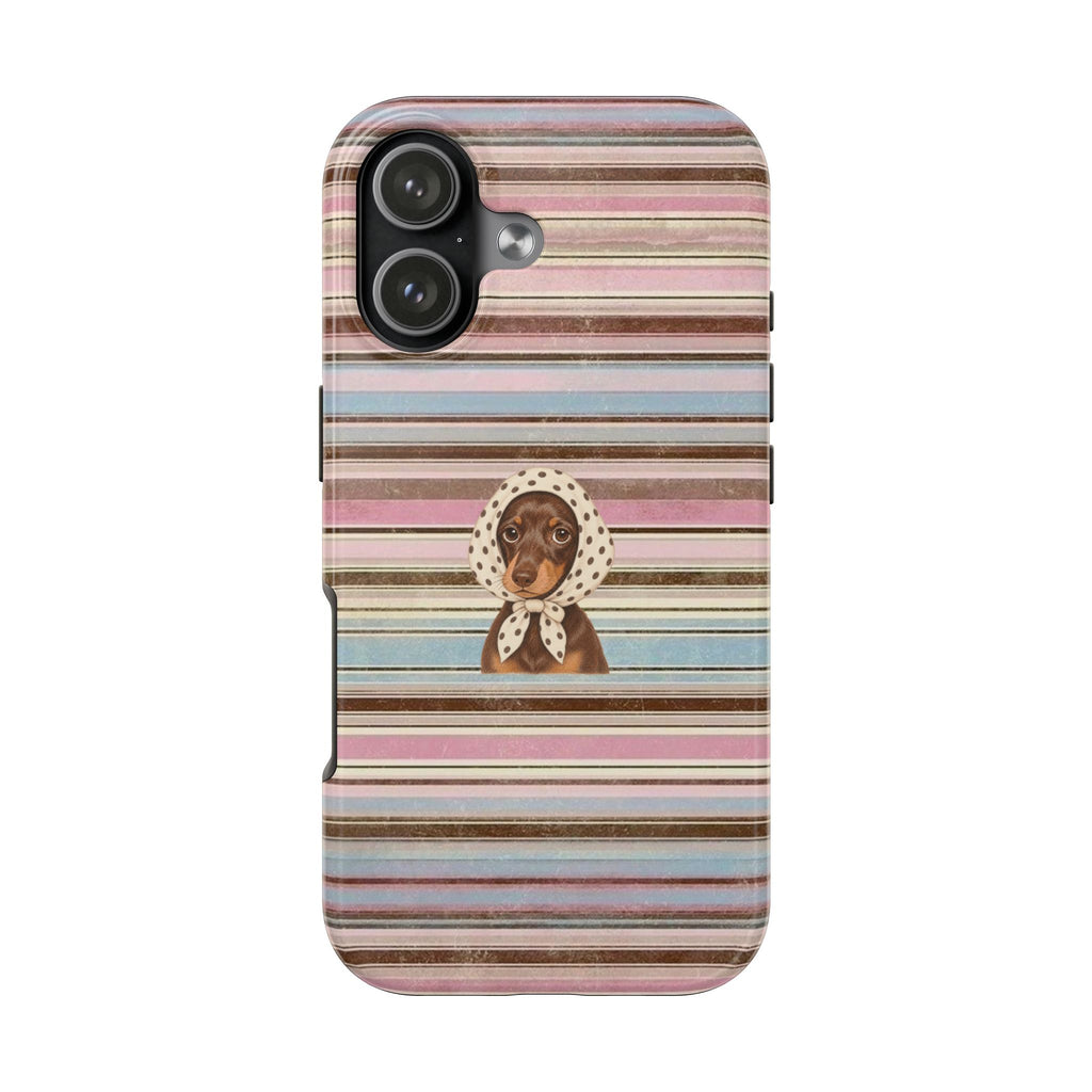 Striped dachshund phone case with vertical pastel lines and small dog illustration