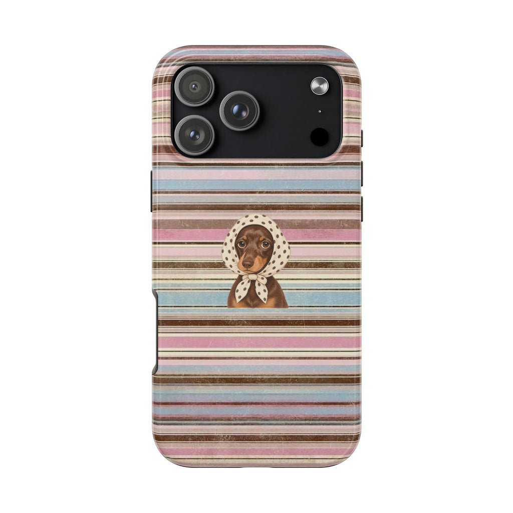 Striped phone case with dachshund graphic, pastel horizontal bands, and cutout camera area