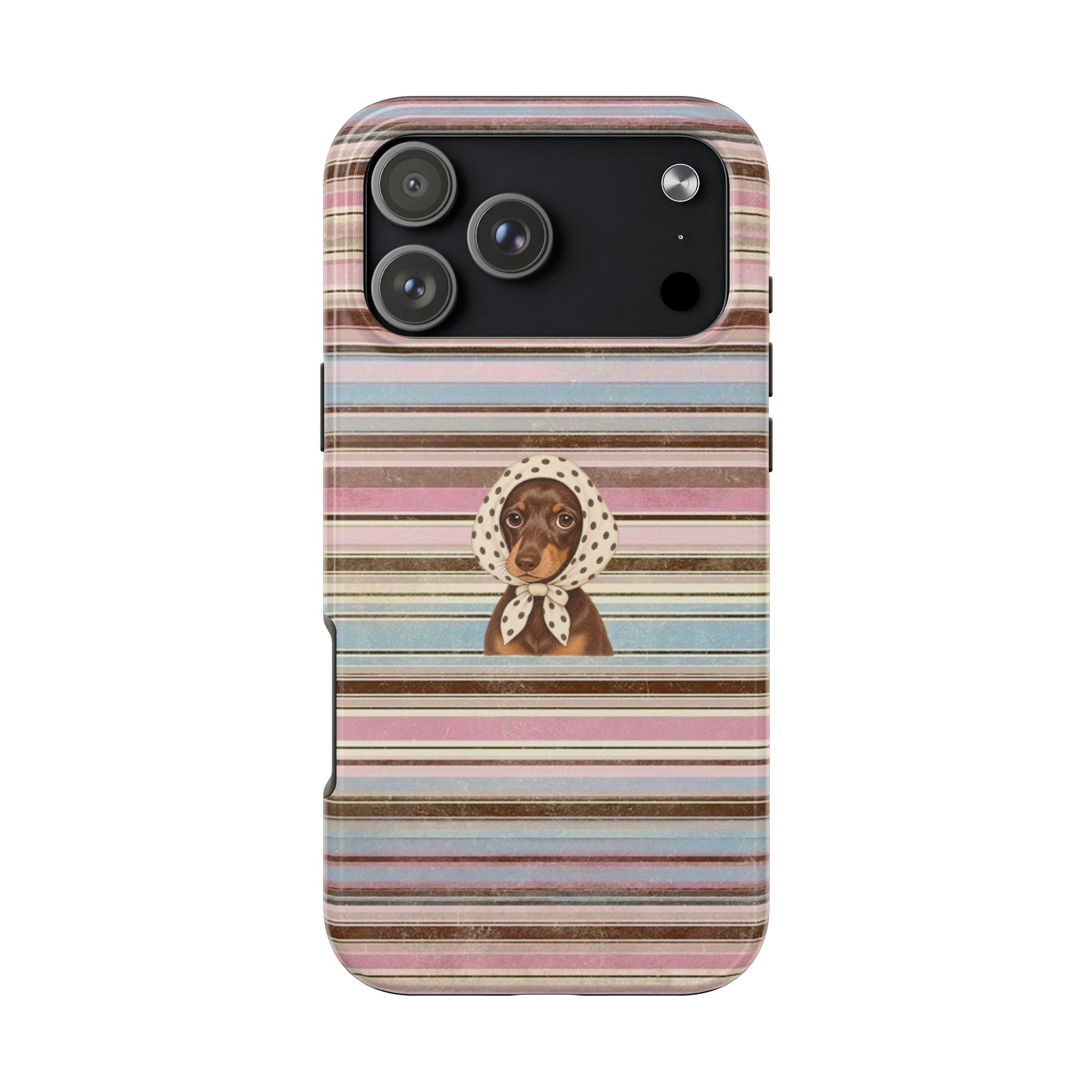 Striped phone case with dachshund graphic, pastel horizontal bands, and cutout camera area