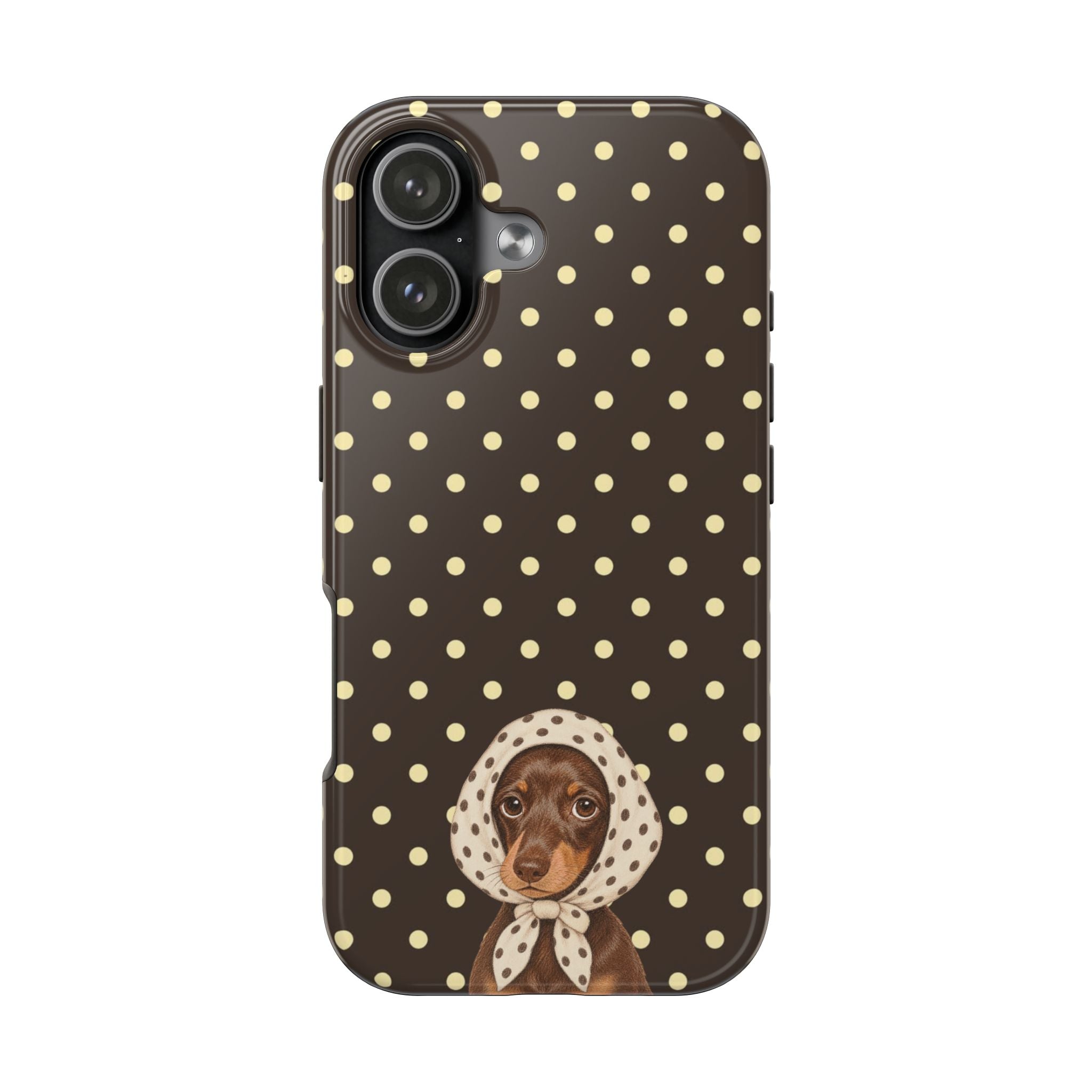 Brown polka dot phone case with dachshund wearing a white scarf, camera cutouts