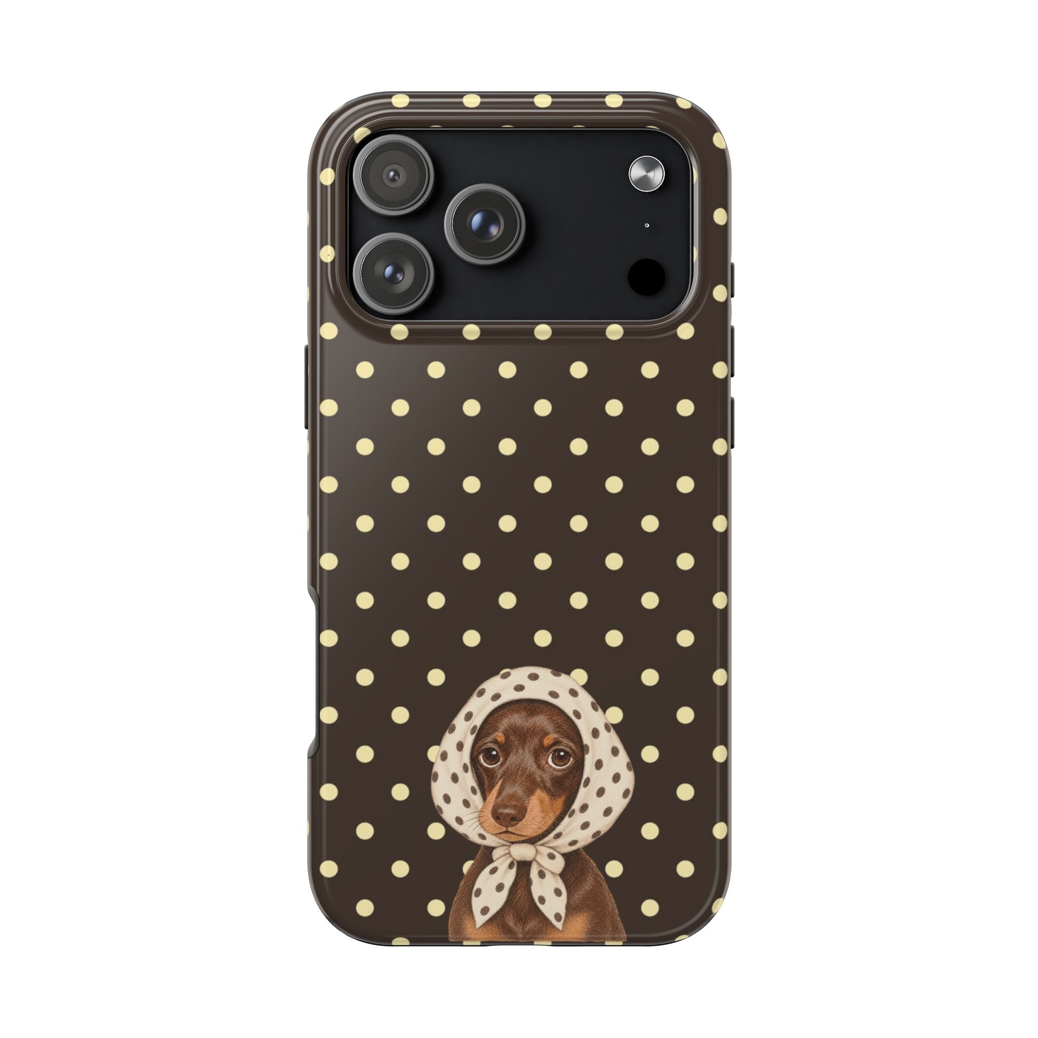 Brown polka dot phone case with dachshund face and scarf, raised camera cutouts